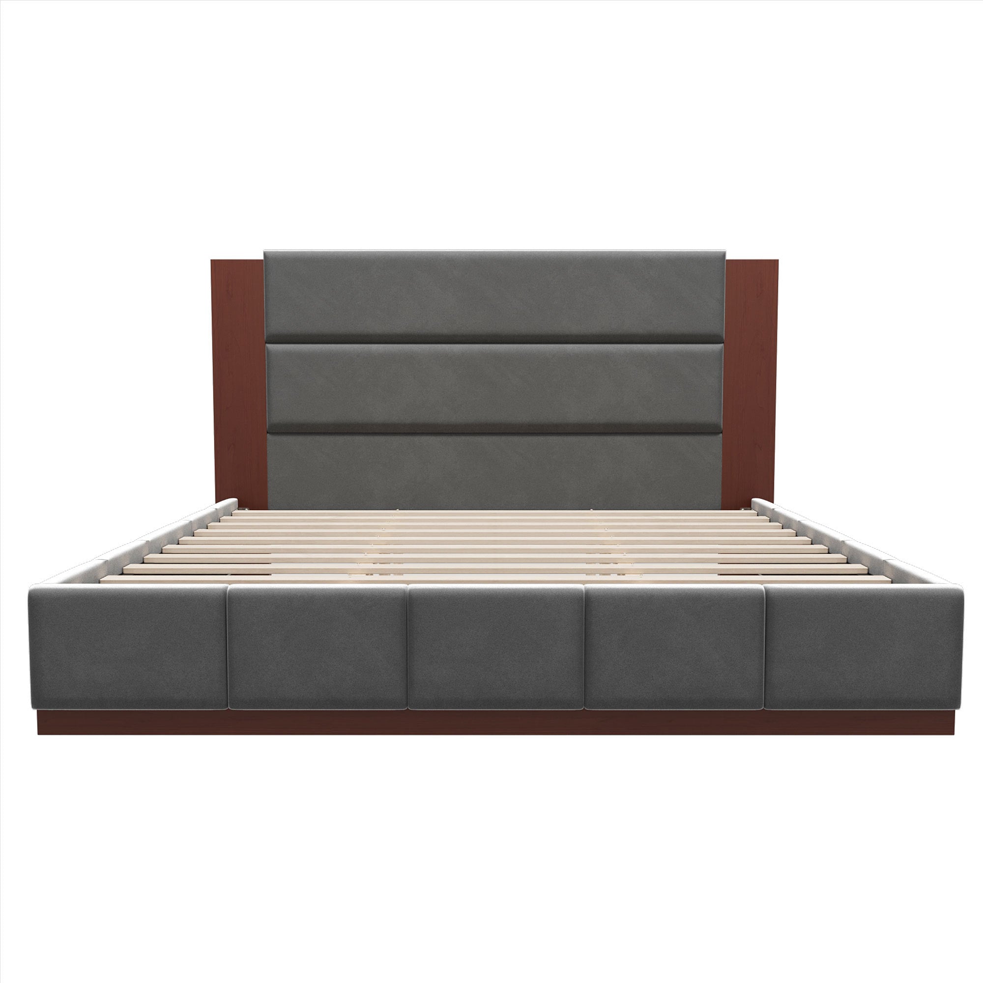 Front view of grey velvet wooden king bed frame showing headboard panels