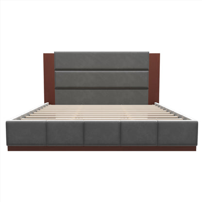 Front view of grey velvet wooden king bed frame showing headboard panels