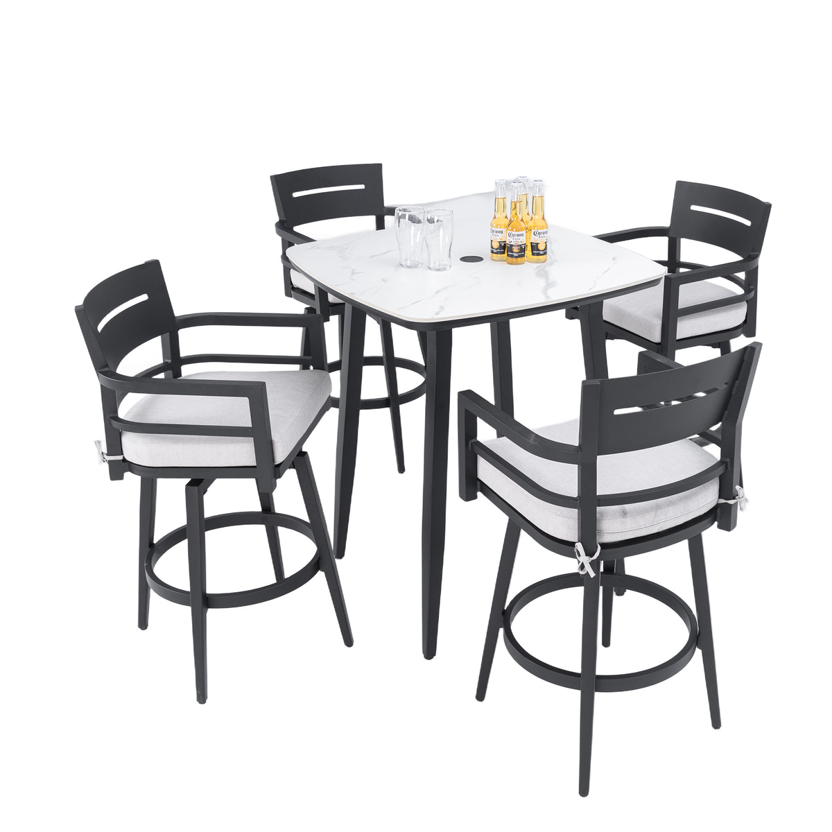 Black Aluminum 5-Piece Outdoor Bar Set for 4 with Silver Cushions