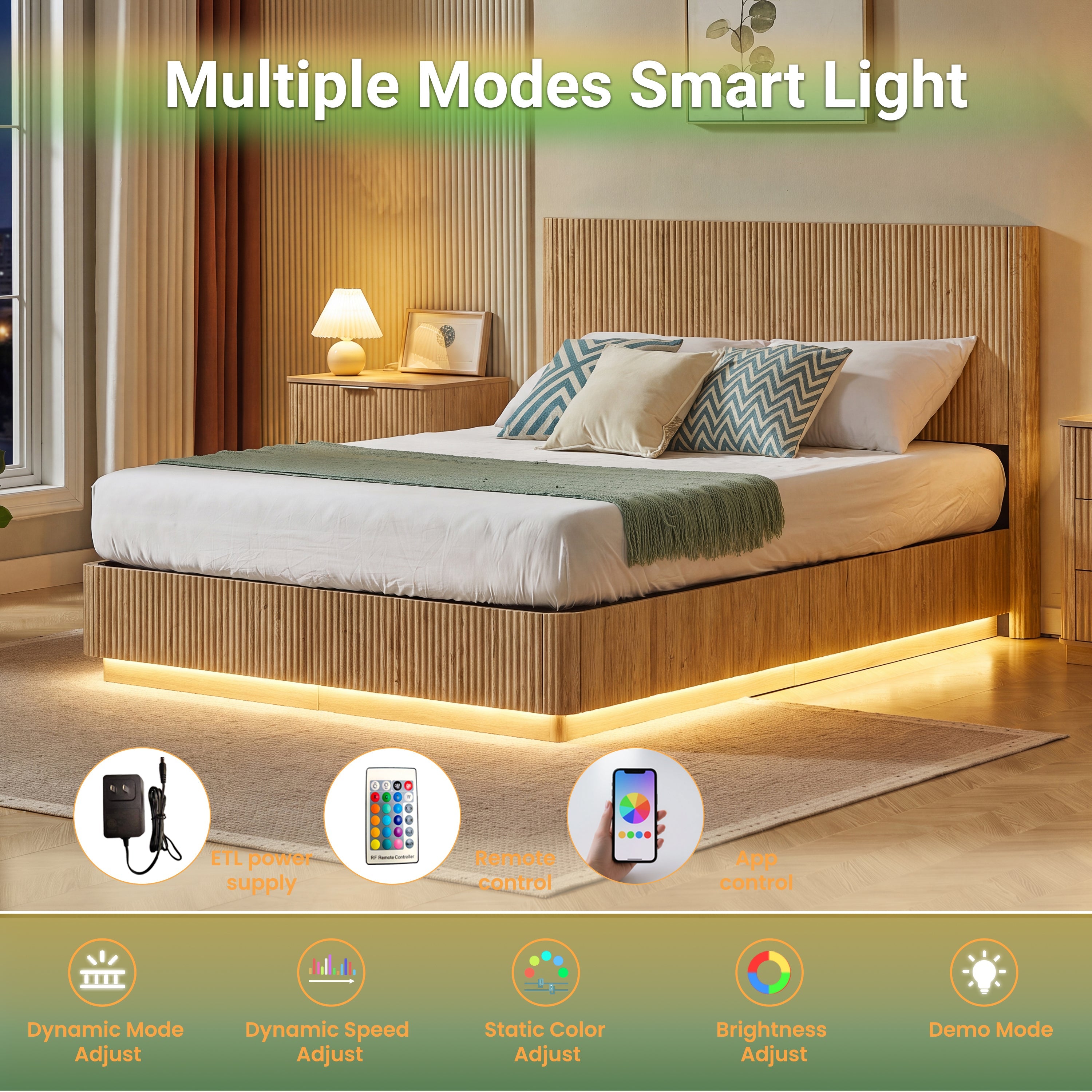 Warm LED underglow lit beneath light oak fluted queen bed, with smart light mode icons #Color_Oak