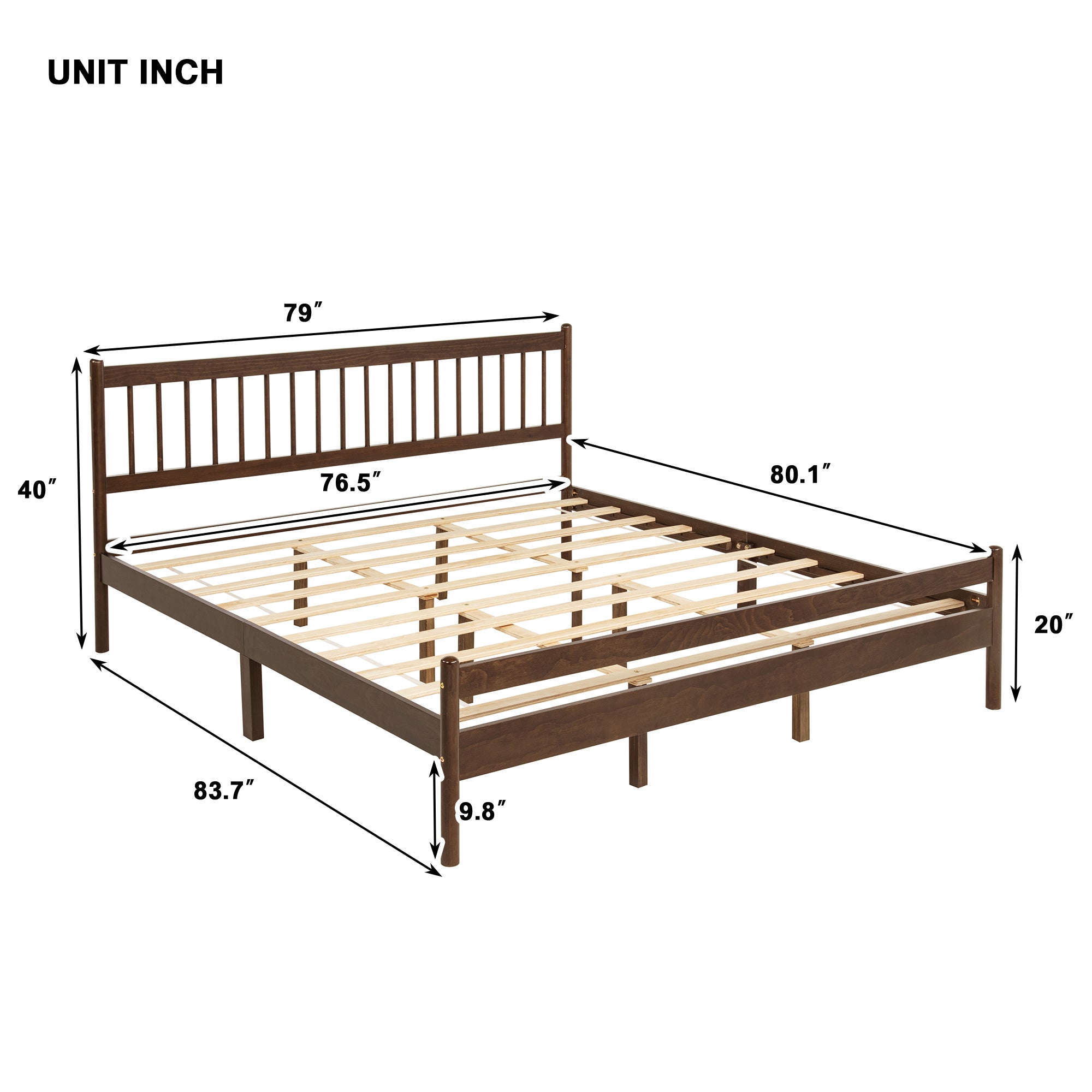 Walnut king bed frame with bedding on white background