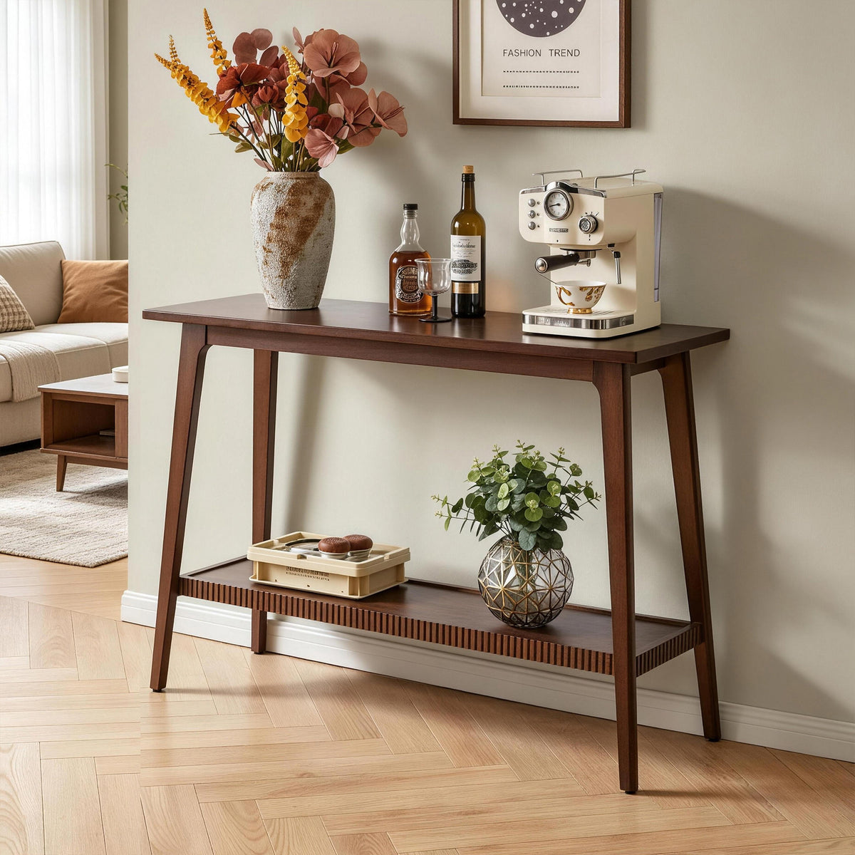 Walnut Solid Wood Entryway Console Table with Storage, 47.2 in Wide