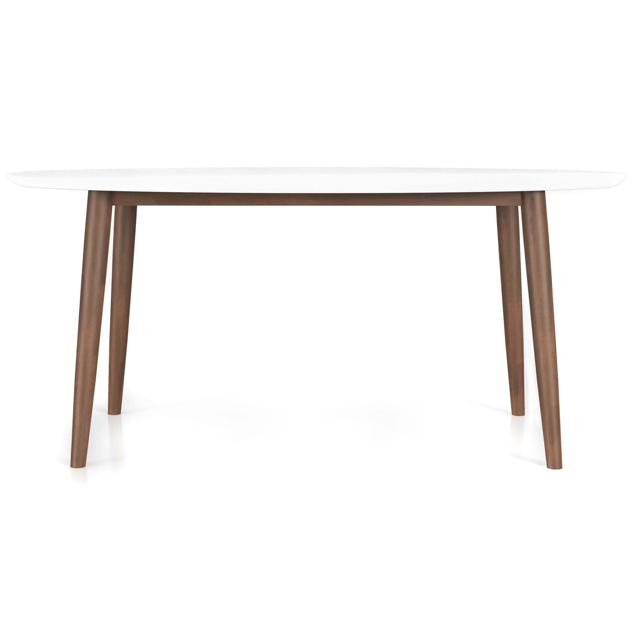 White-top oval dining table with walnut legs, three-quarter view from the opposite end on white background