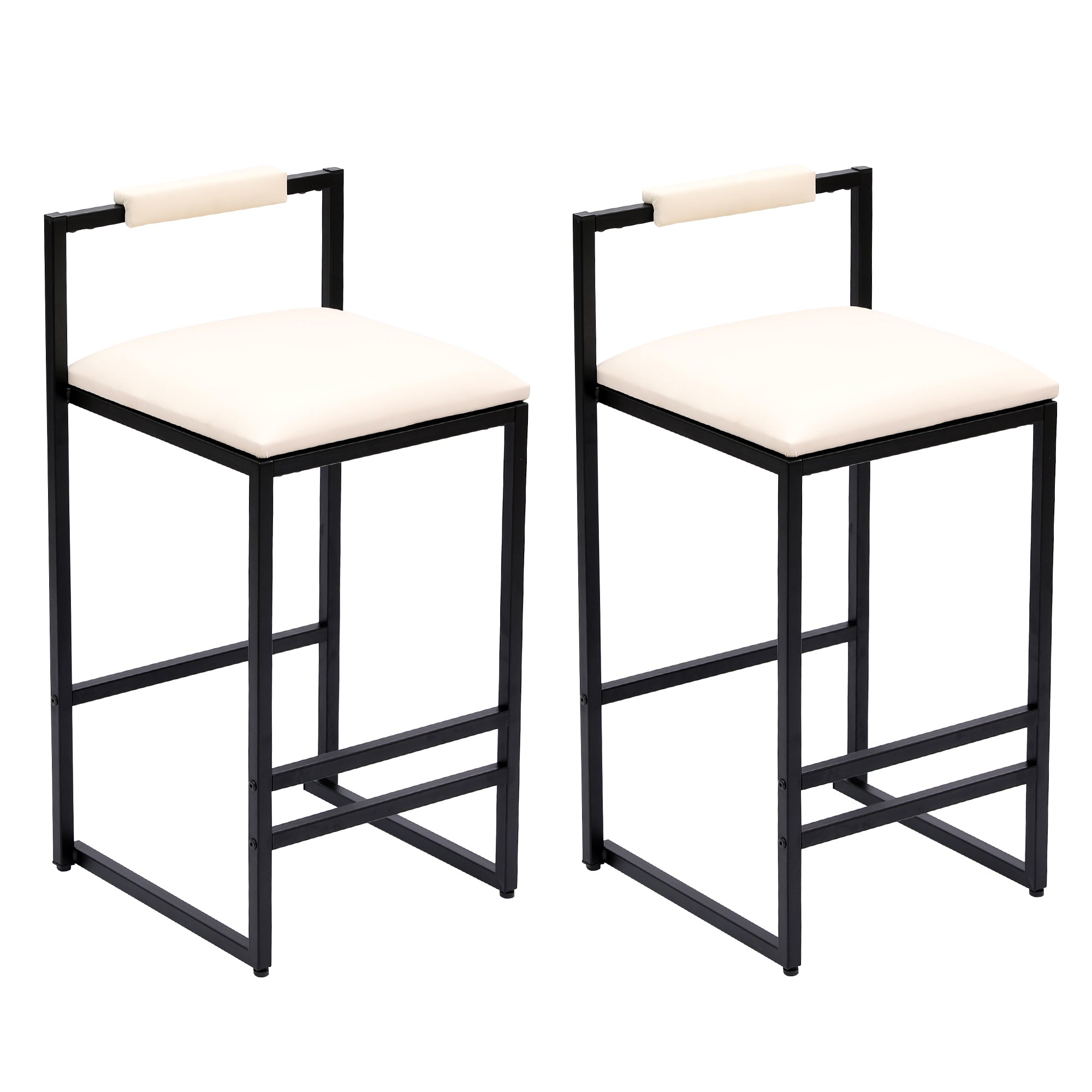 Vegan Leather Counter Stool Set of 2, Cream with Black Metal Frame