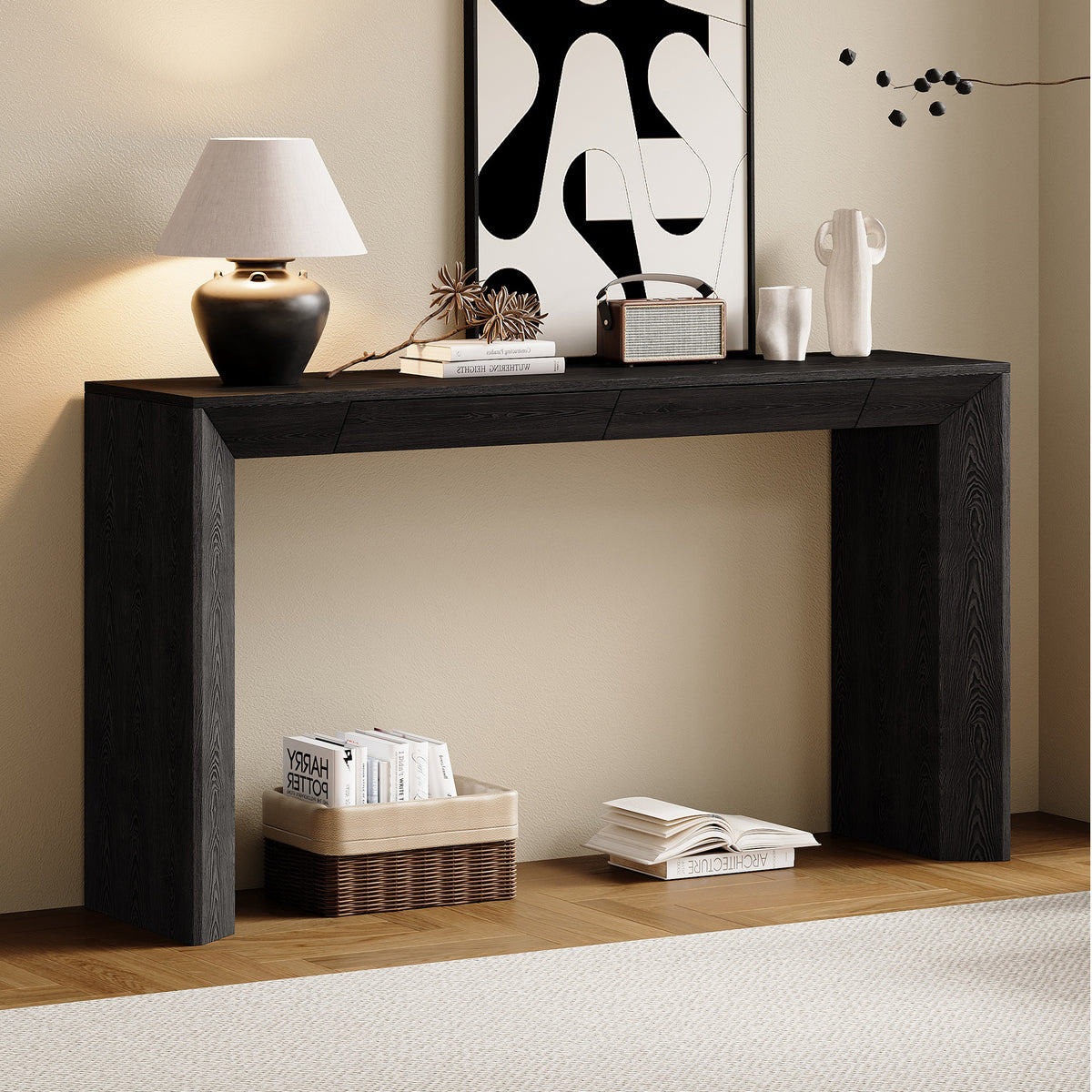 Black Entryway Console Table with Storage, 60 in Wide, Waterfall Edge