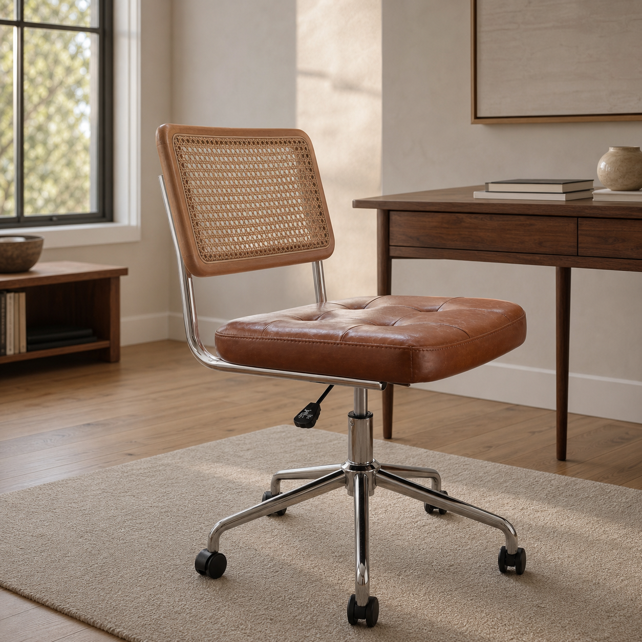 Mid Century Modern Desk Chair – Vegan Leather & Stainless Steel