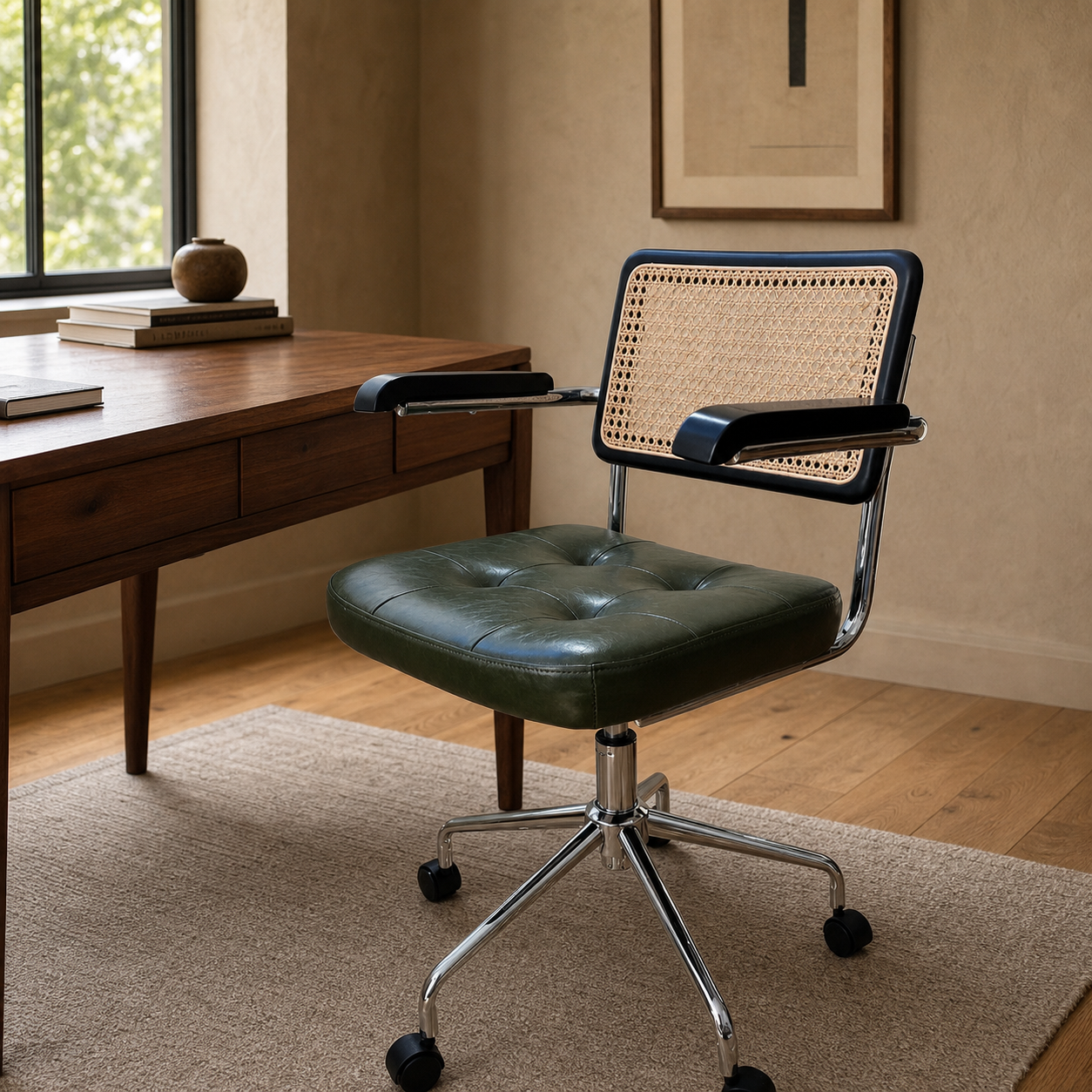 Mid Century Modern Desk & Office Chair, Handwoven Rattan & Green Vegan Leather