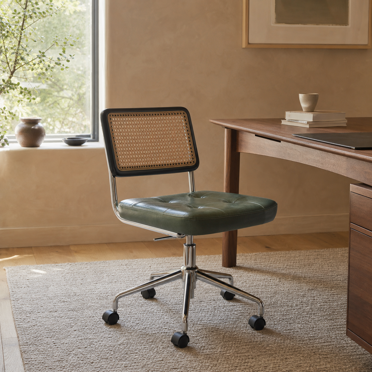 Mid Century Modern Office Chair – Rattan, Vegan Leather & Stainless Steel
