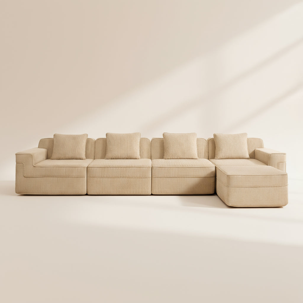 studio shot of the boneless couch from two seventy nine in camel corduroy showing the plush corduroy texture memory foam design 4 seats and 1 ottoman