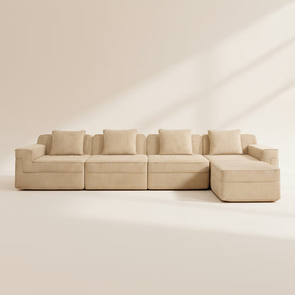 studio shot of the boneless couch from two seventy nine in camel corduroy showing the plush corduroy texture memory foam design 4 seats and 1 ottoman