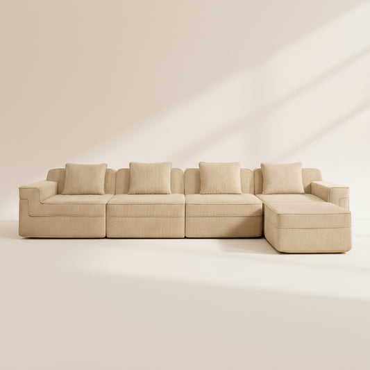 studio shot of the boneless couch from two seventy nine in camel corduroy showing the plush corduroy texture memory foam design 4 seats and 1 ottoman