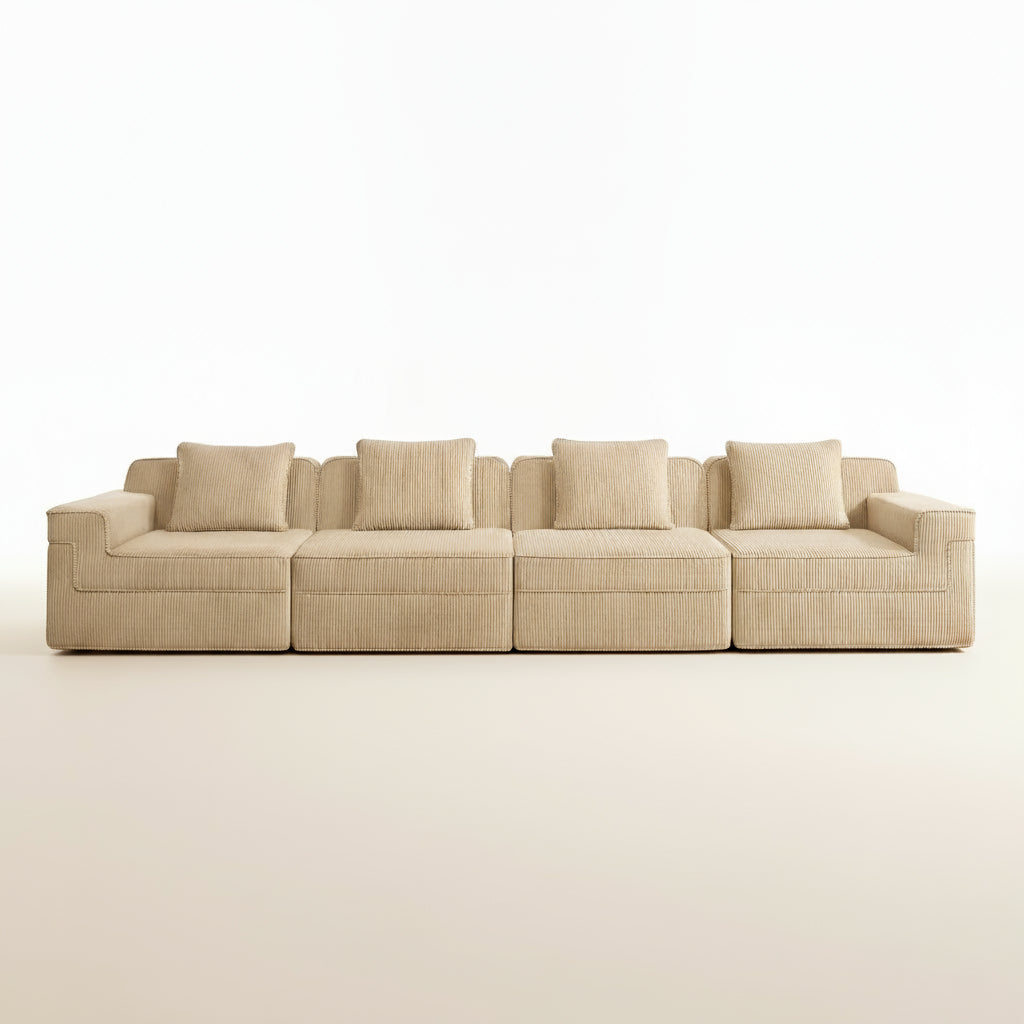 studio shot of the boneless sofa in four seat camel from two seventy nine with corduroy fabric and deep seats