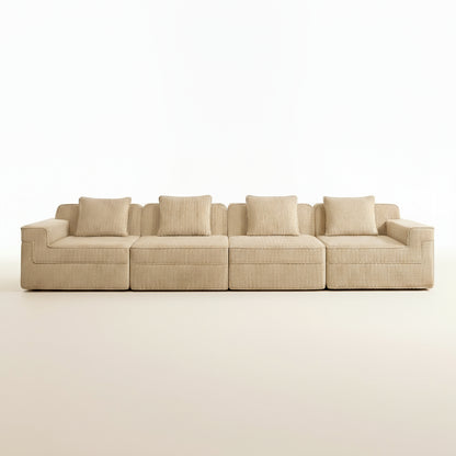 studio shot of the boneless sofa in four seat camel from two seventy nine with corduroy fabric and deep seats