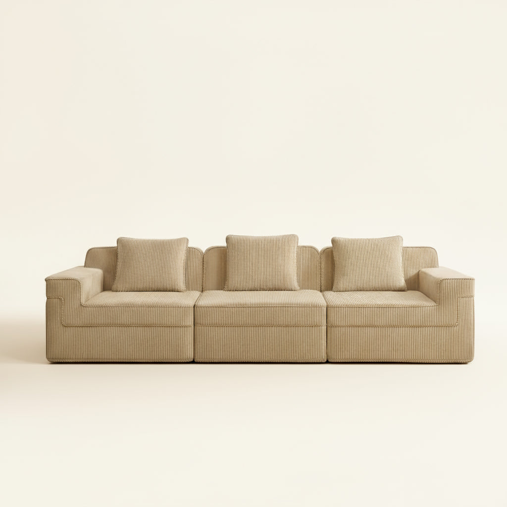 commercial studio shot of the boneless couch from two seventy nine in camel corduroy showing the three seat modular sectional in camel corduroy