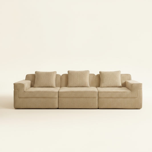 commercial studio shot of the boneless couch from two seventy nine in camel corduroy showing the three seat modular sectional in camel corduroy