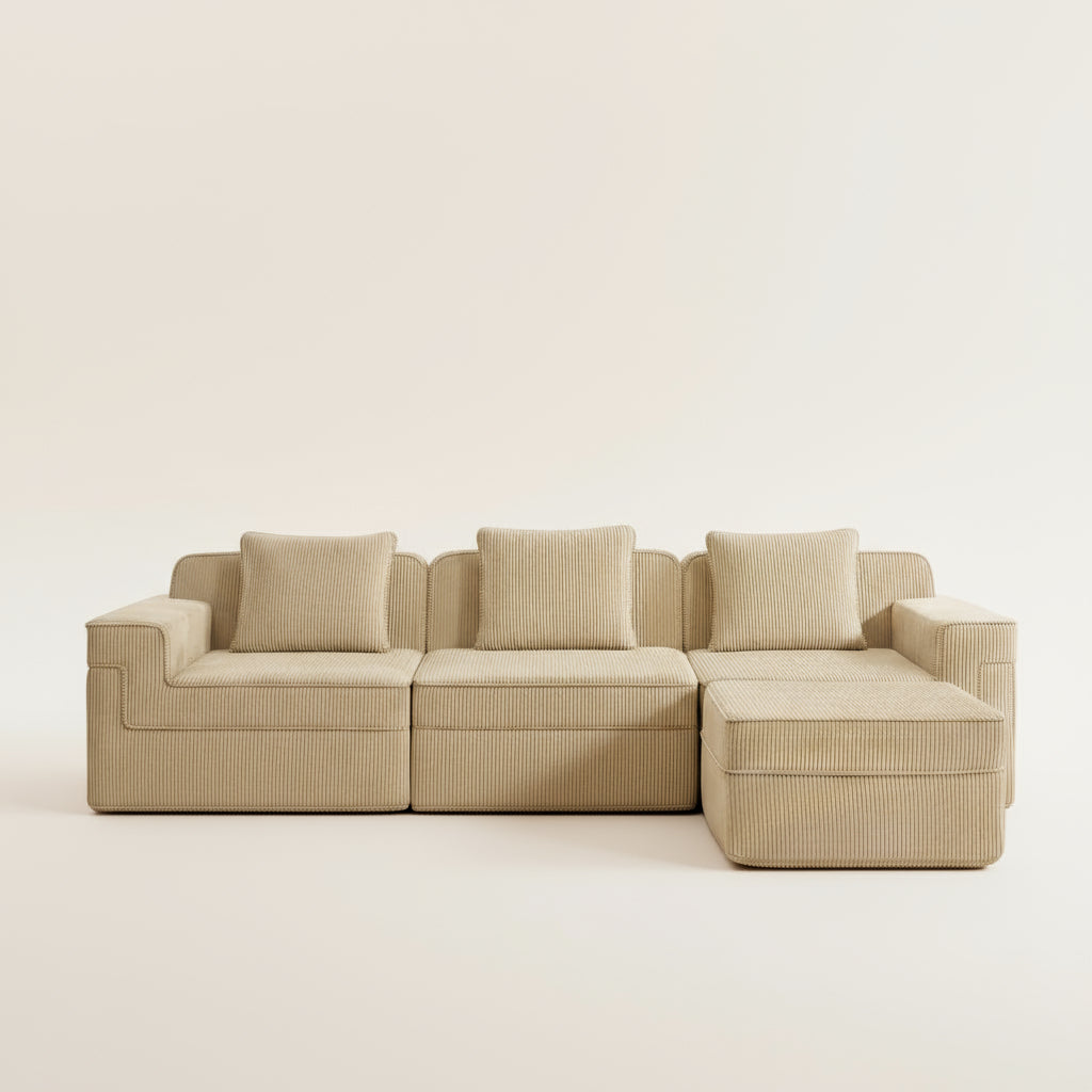 commercial photography shot of the boneless couch in camel corduroy with three seats and one ottoman showing the plush corduroy fabric and comfortable modular seats
