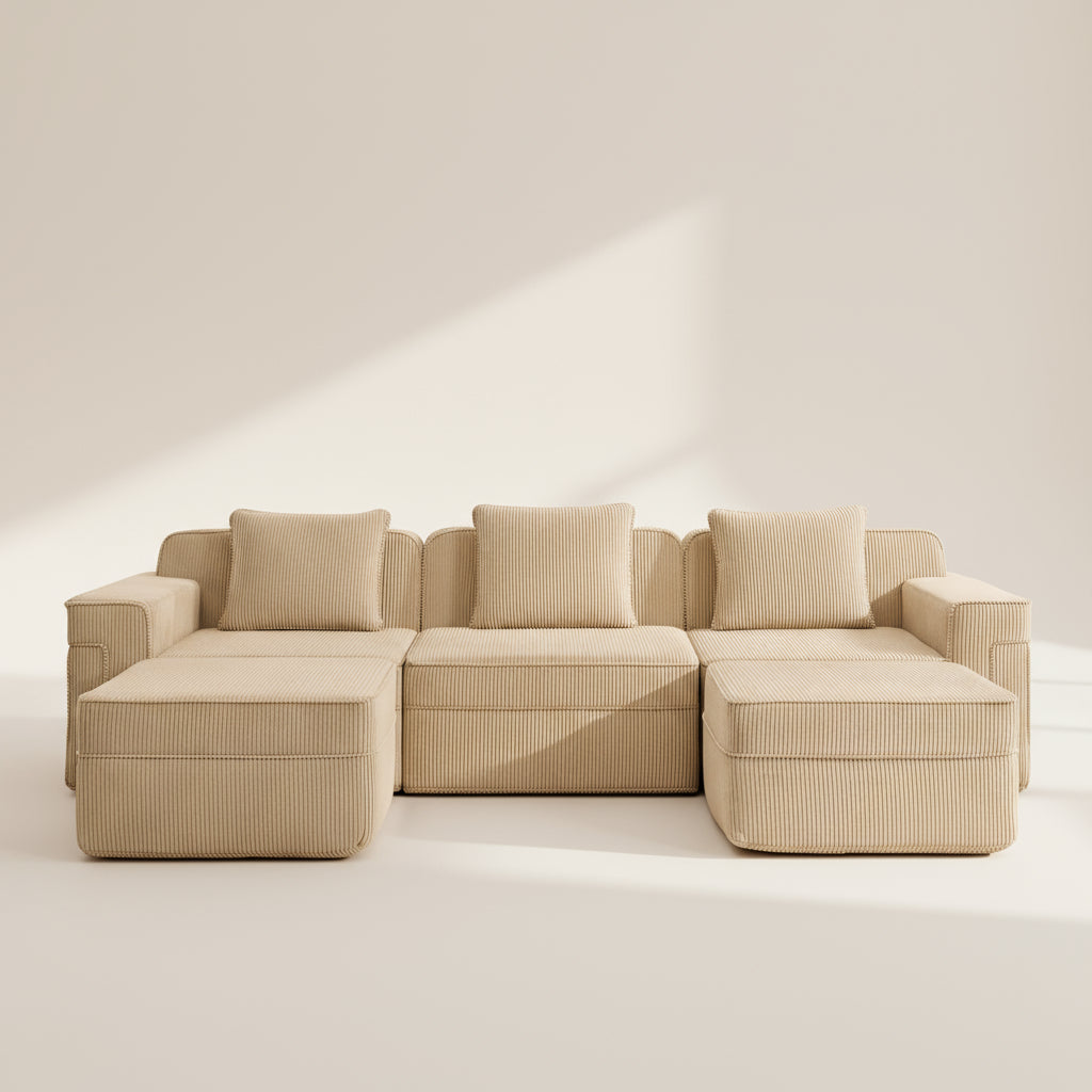 commercial studio shot of the boneless couch in camel showing the corduroy upholstery deep seats and comfortable pillos