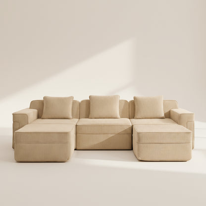 commercial studio shot of the boneless couch in camel showing the corduroy upholstery deep seats and comfortable pillos