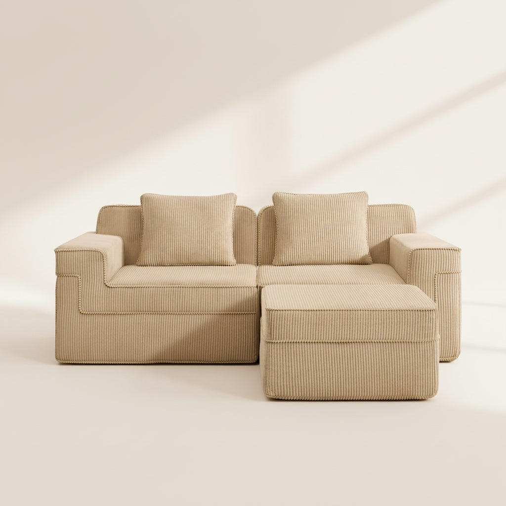 closeup photo of the camel boneless couch from two seventy nine with two seats and one ottoman showing the plush corduroy texture