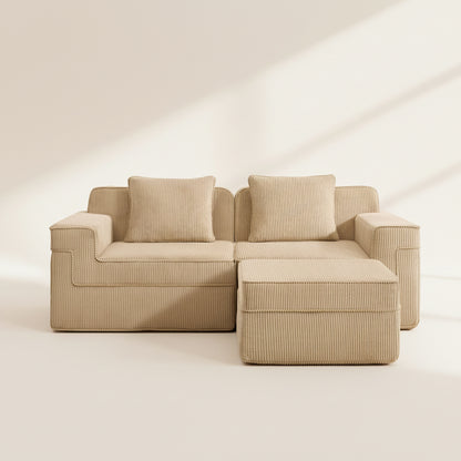 closeup photo of the camel boneless couch from two seventy nine with two seats and one ottoman showing the plush corduroy texture