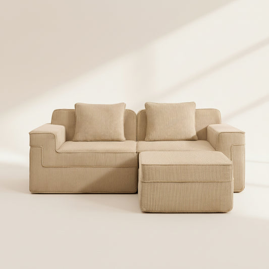 closeup photo of the camel boneless couch from two seventy nine with two seats and one ottoman showing the plush corduroy texture