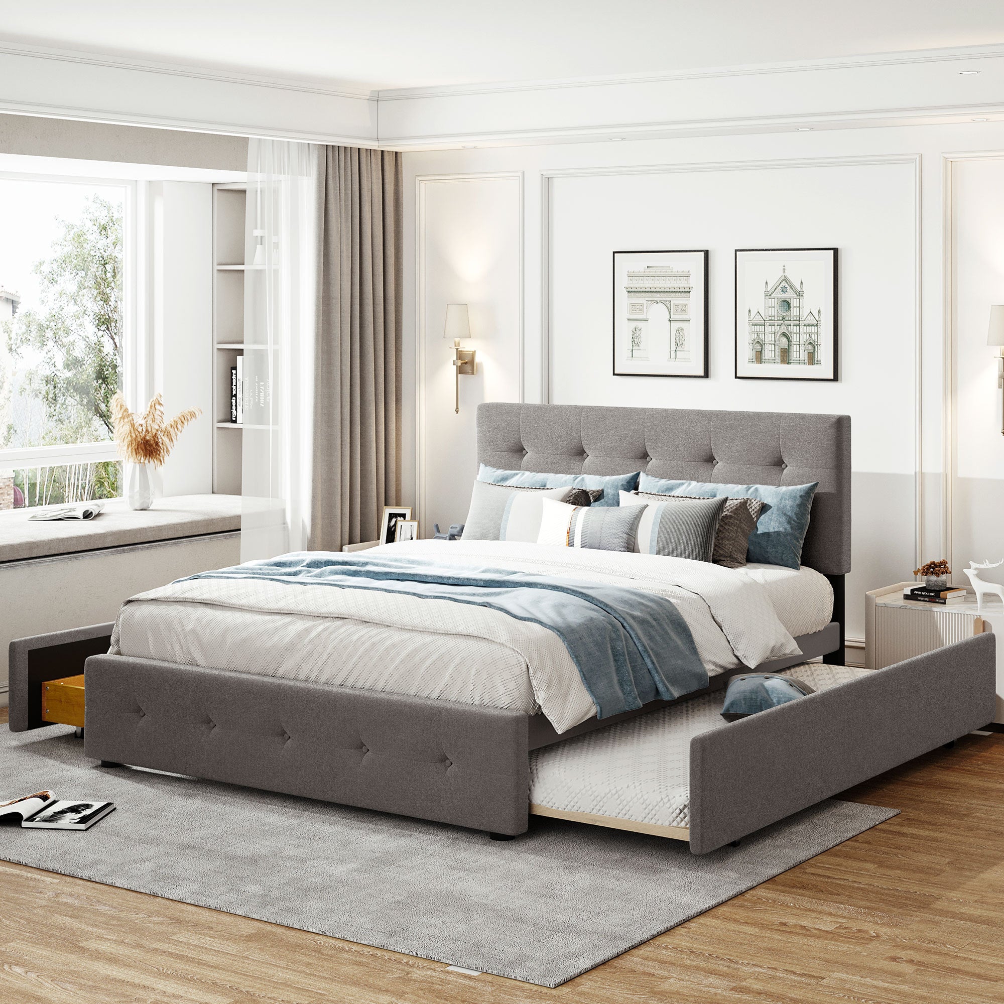 Upholstered Linen Bed with Trundle and 2 Drawers, Light Gray