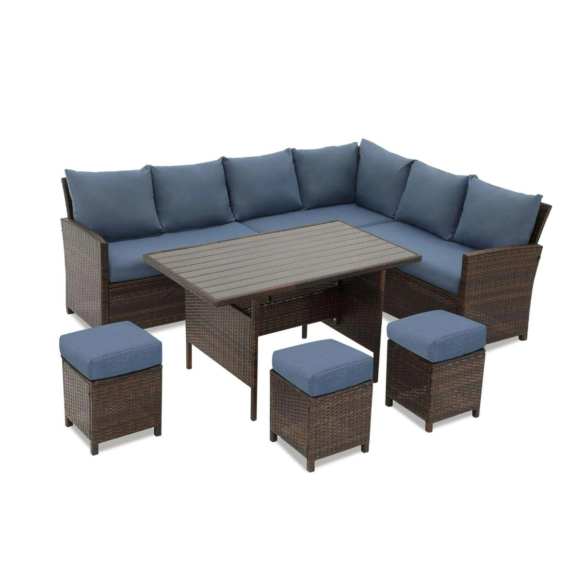 Brown Wicker 7-Piece Patio Dining Set with Blue Cushions