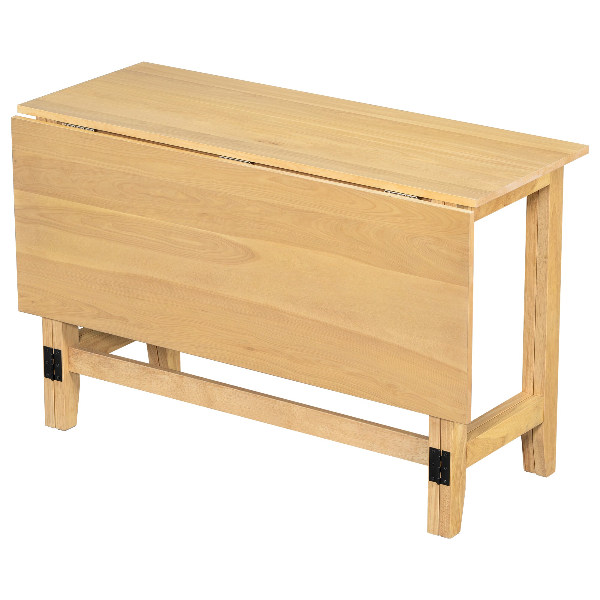 Natural wood farmhouse drop-leaf dining table with one leaf folded down, three-quarter studio view