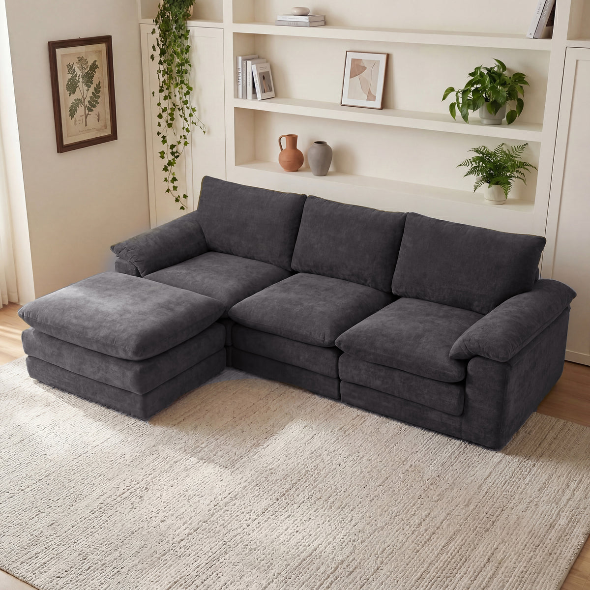 Black Chenille L-Shaped Modular Sectional with Ottoman, 100.4 in Wide