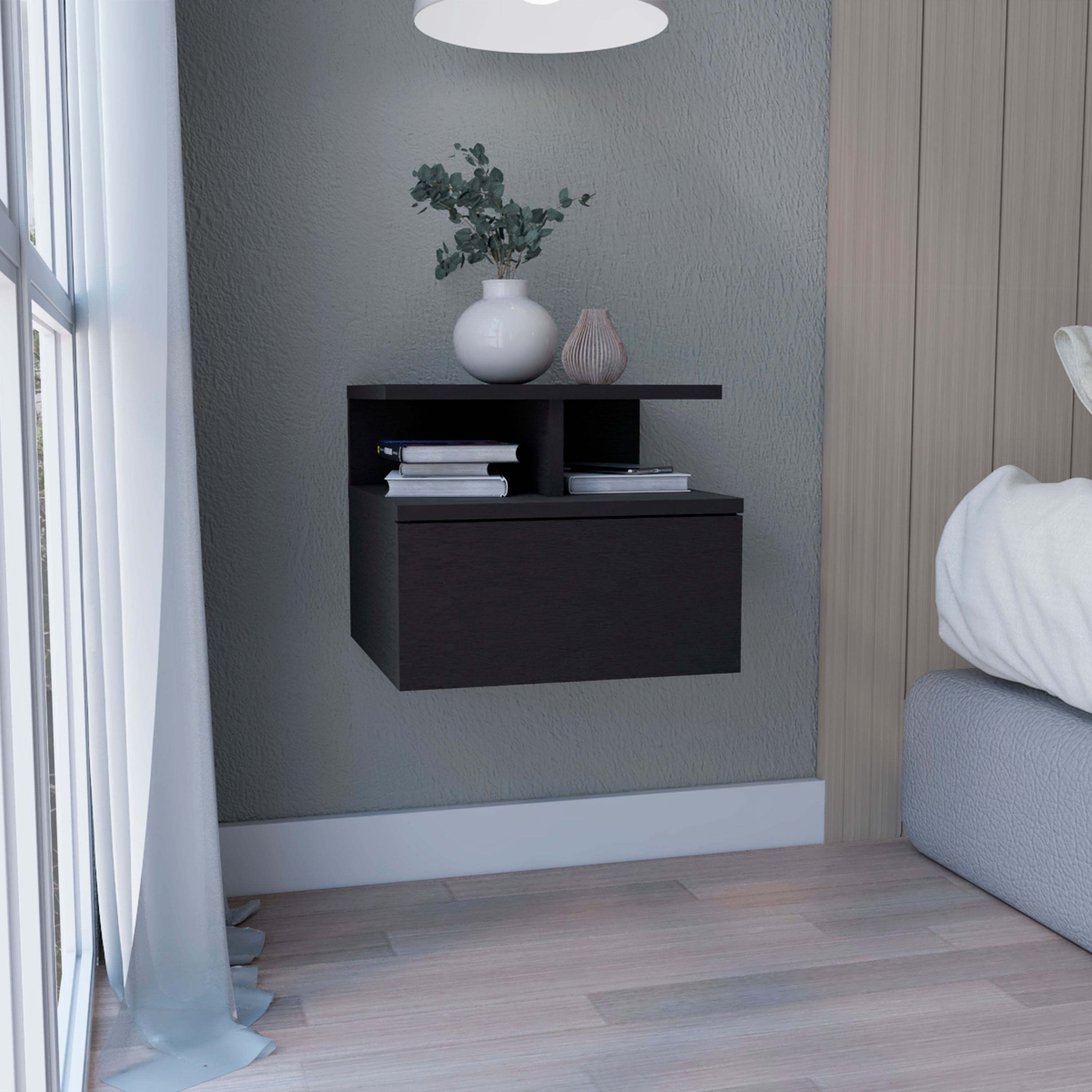 Floating Nightstand with 2-Tier Shelf and Drawer, Black