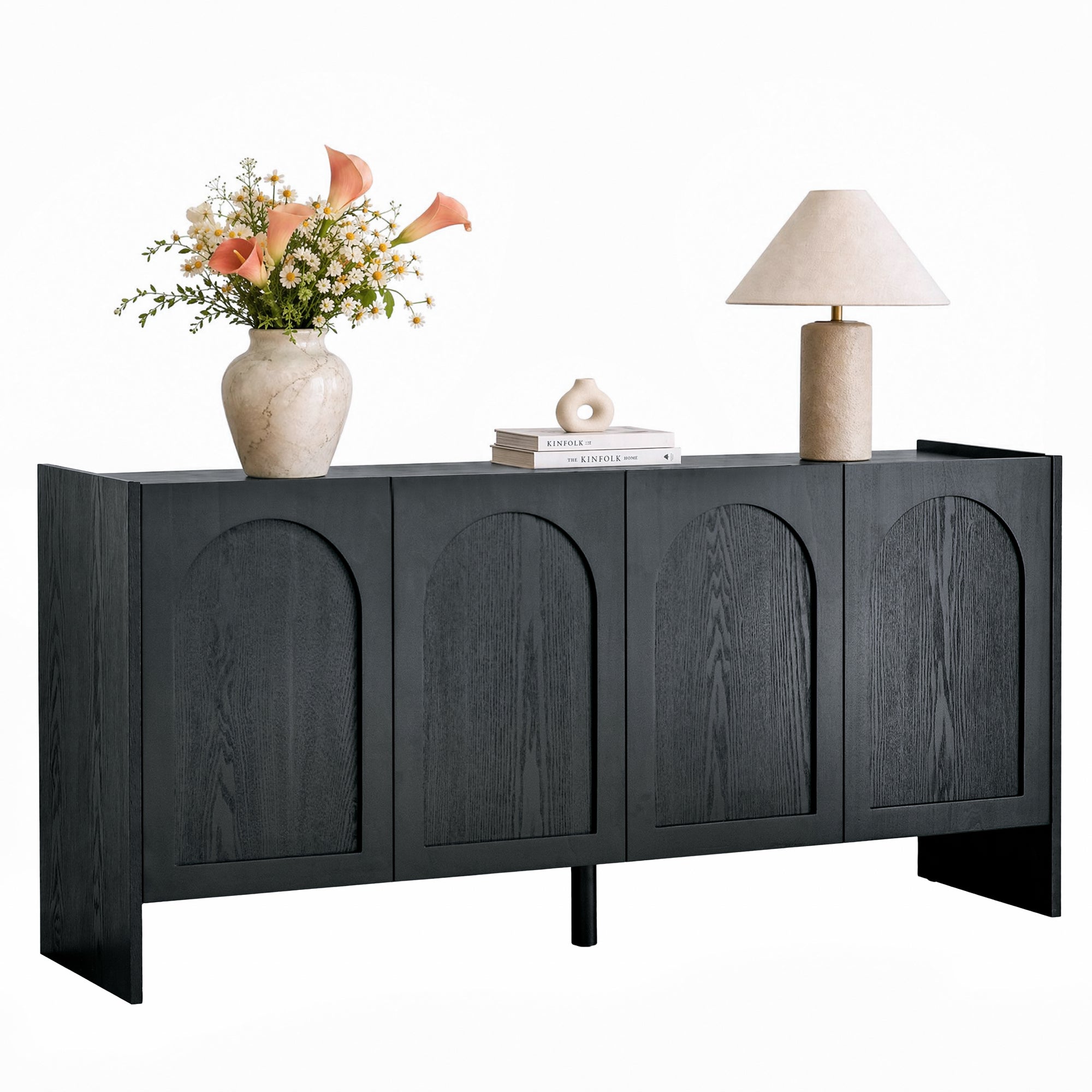 Mid-Century Black Sideboard, 63in Arched 4-Door Credenza