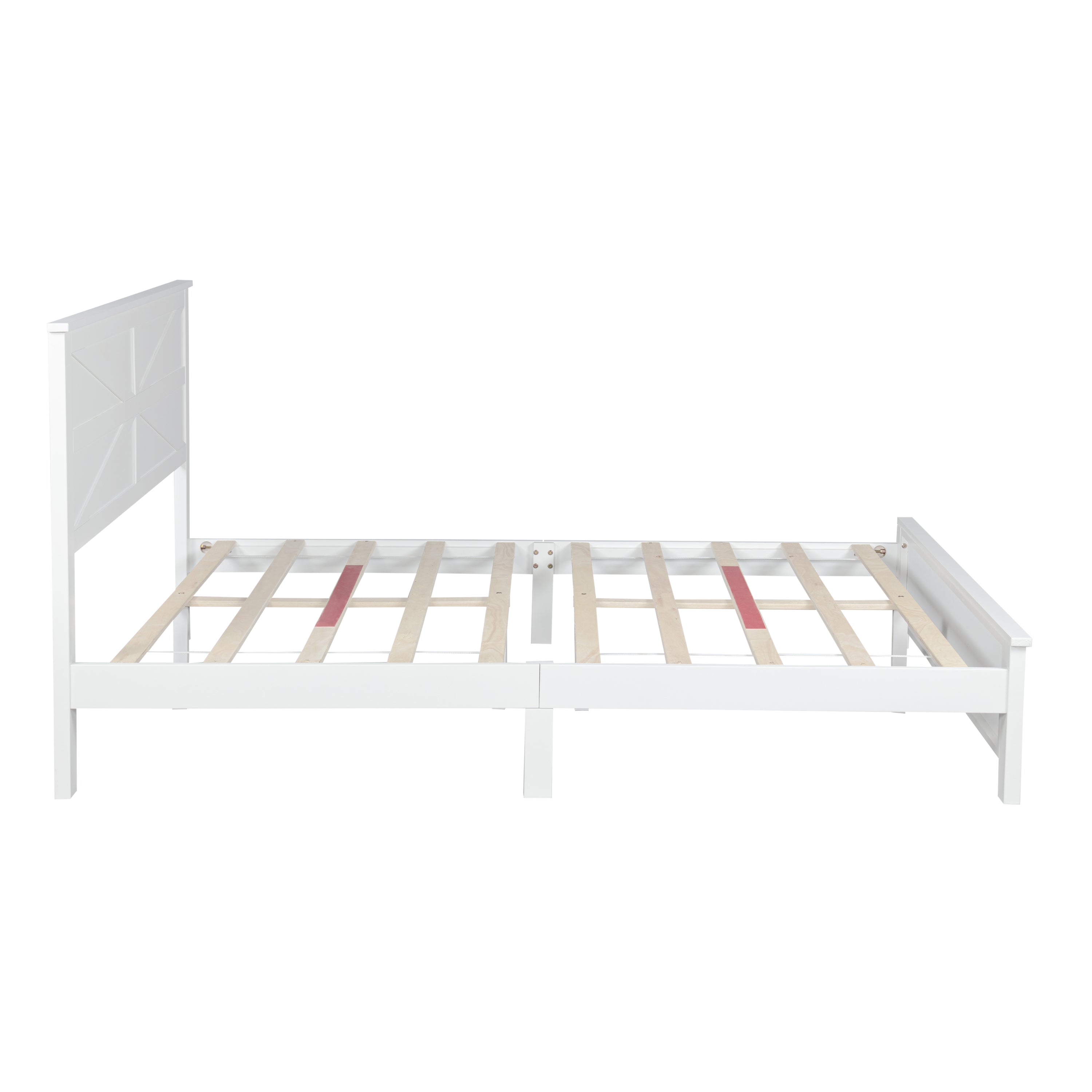 Side profile of the bare white queen bed frame with exposed slats and central support beam