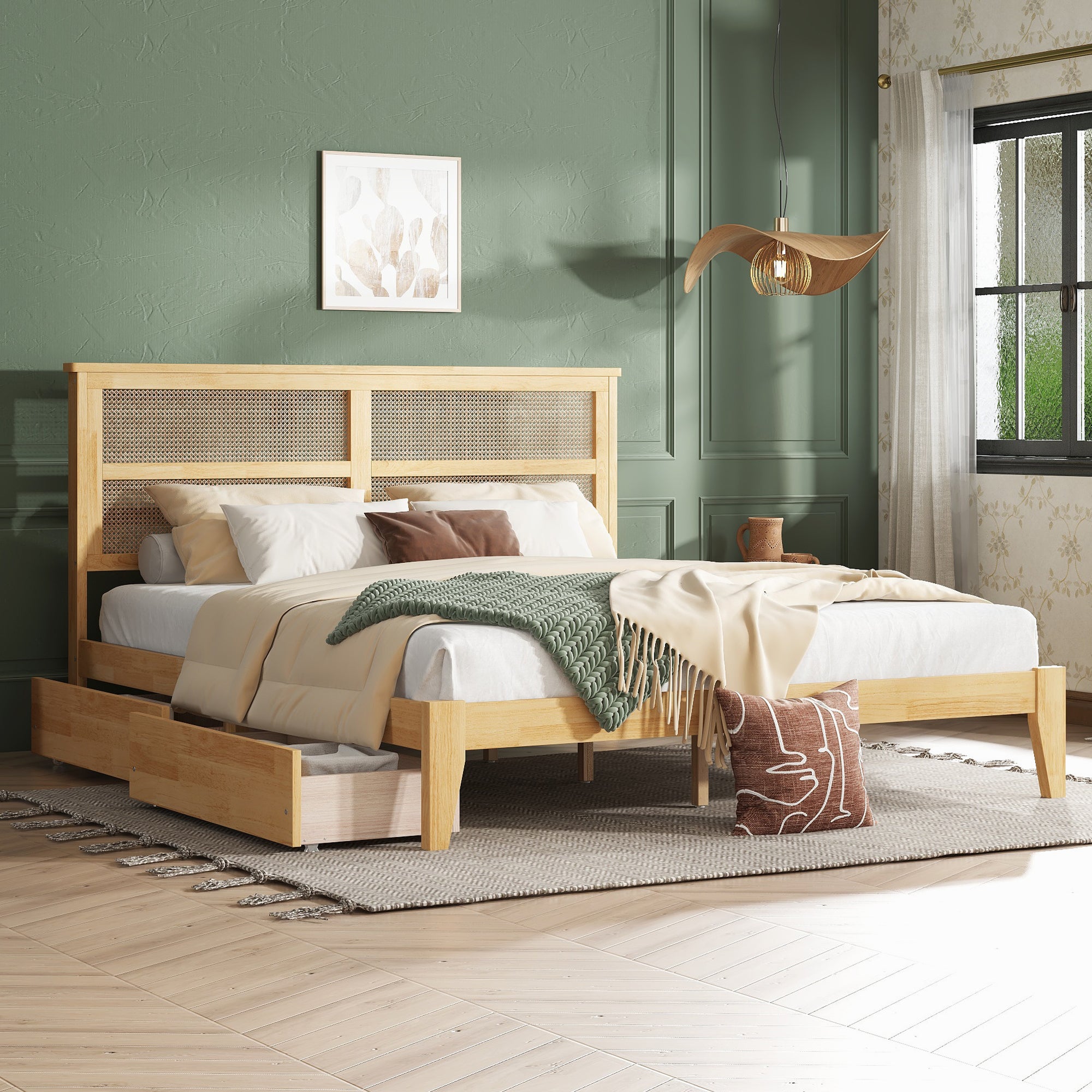 King Platform Bed with 2 Storage Drawers and Rattan Headboard