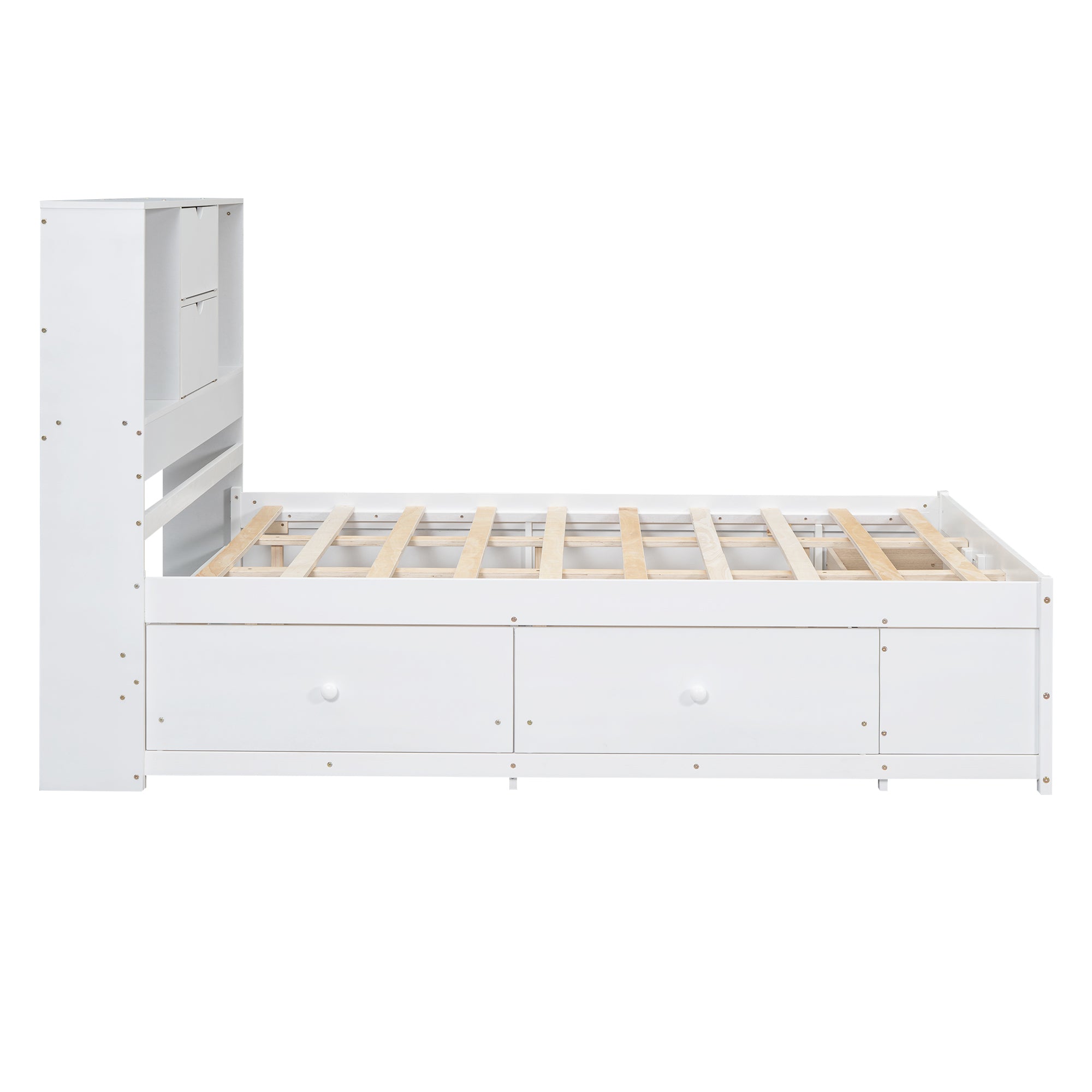 Bare side profile of the white storage bed showing the tall bookcase headboard and one side drawer