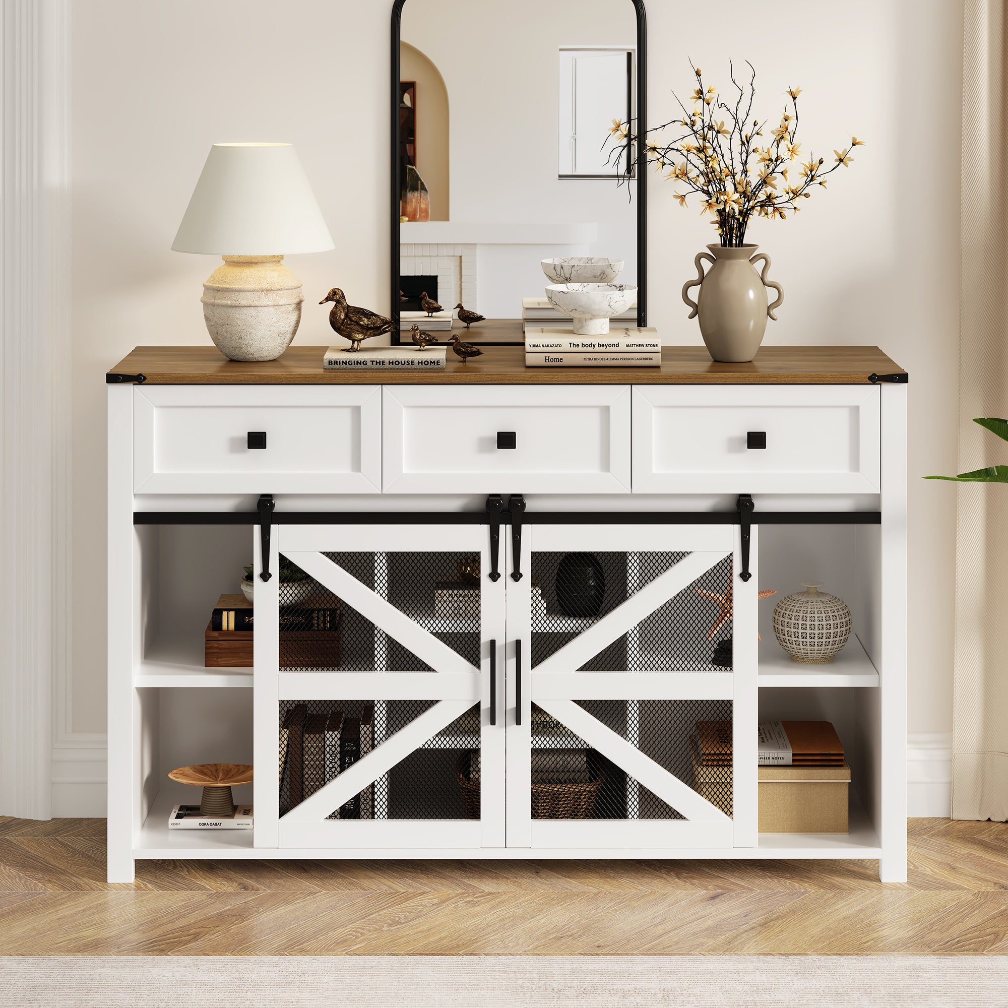 Farmhouse Sideboard Buffet Cabinet, 55in White 3-Drawer Barn Door