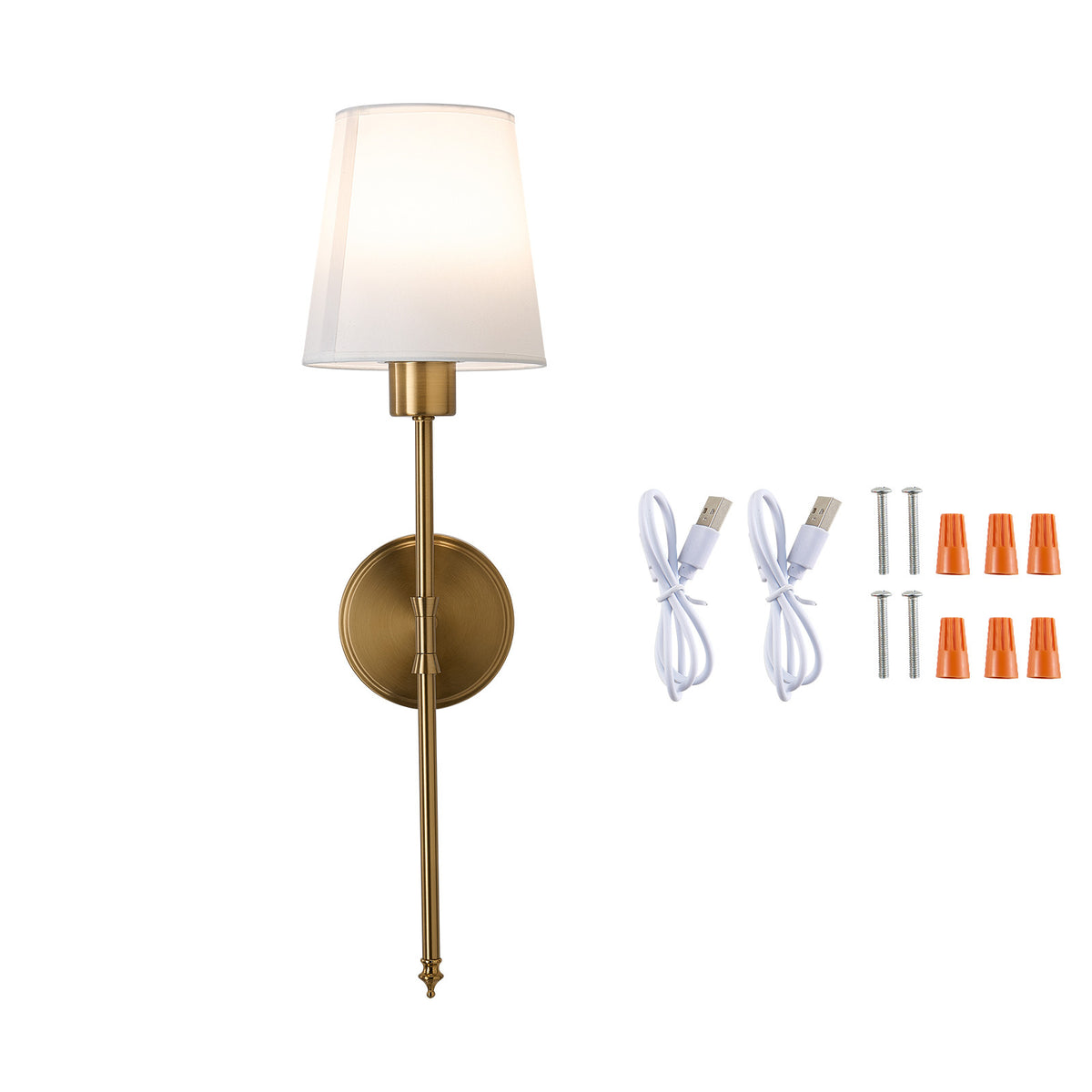 Gold and White Rechargeable LED Wall Sconce, 24 in, Pe Rattan and Iron and Waterproof Fabric