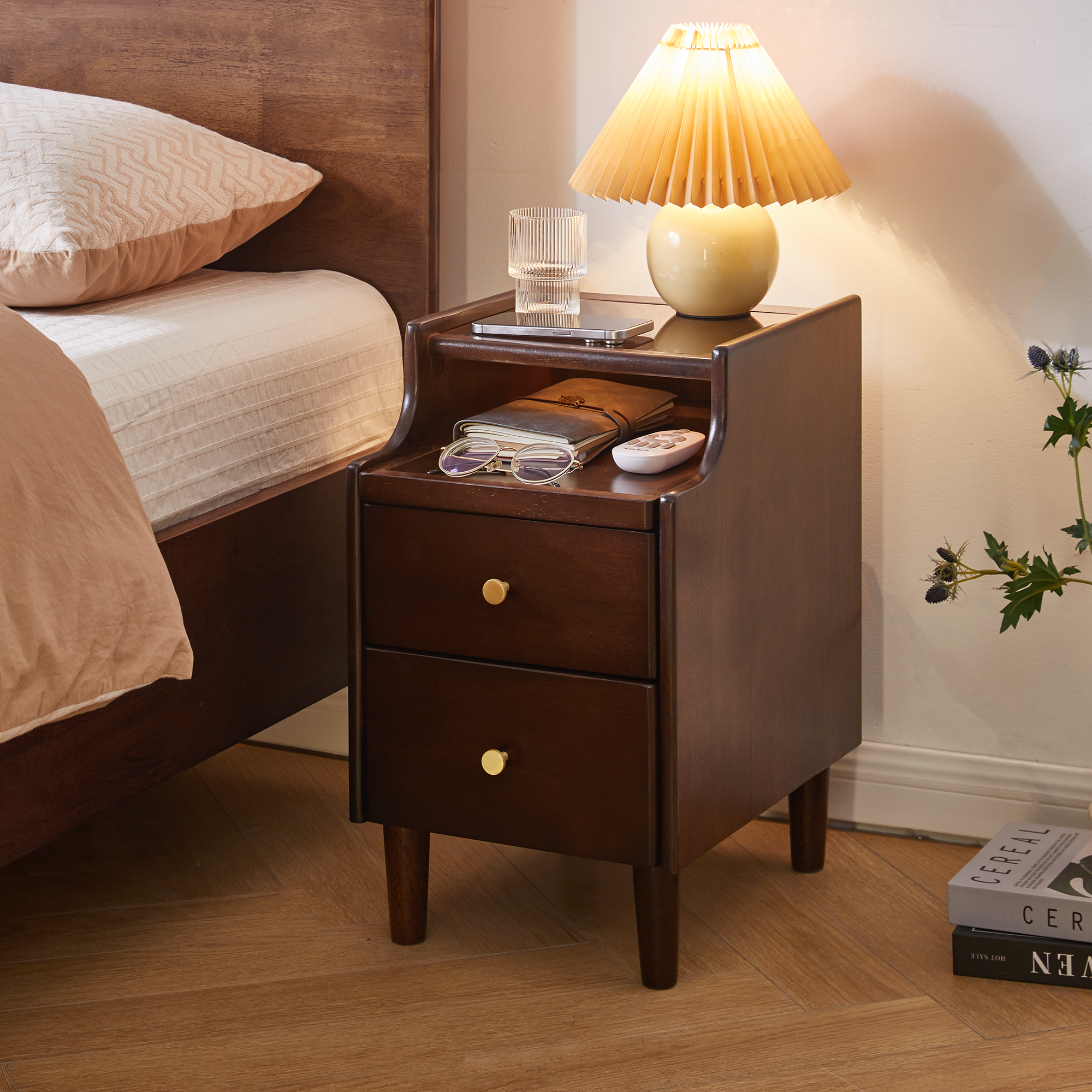 Slim Solid Wood Nightstand with 2 Drawers and Pull-Out Panel