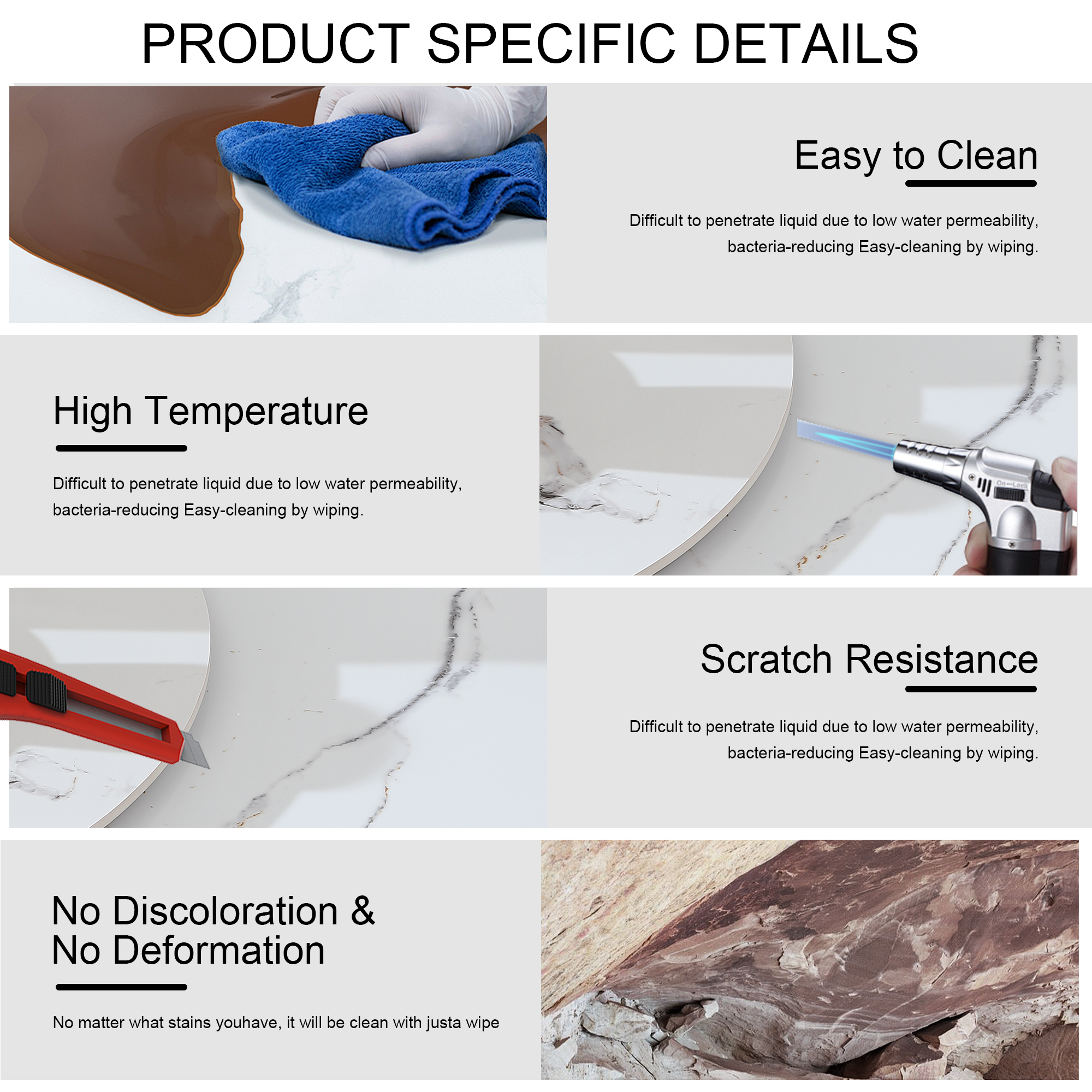 Feature graphic showing the sintered stone top as easy to clean, heat and scratch resistant