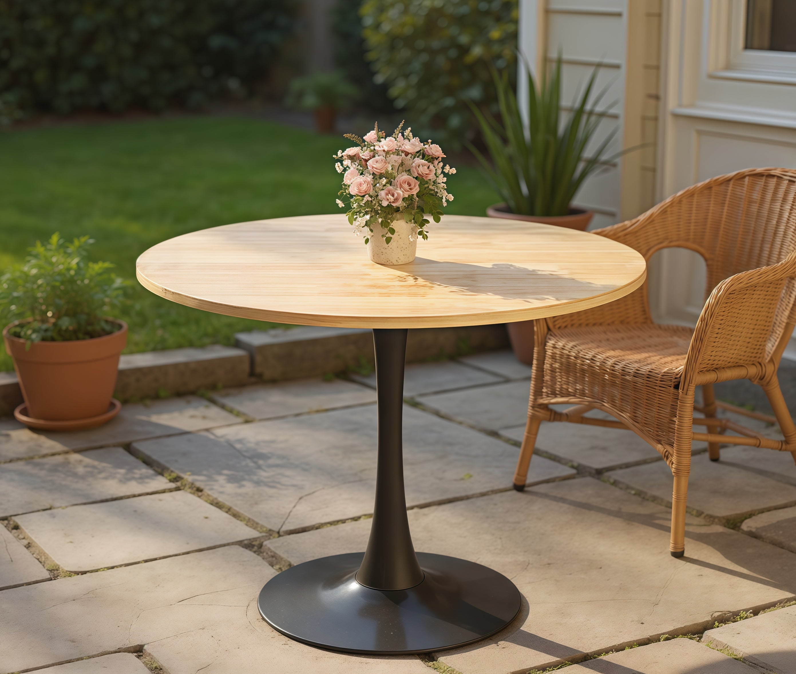 Natural wood round bistro table with pink flowers on a stone patio beside a wicker chair