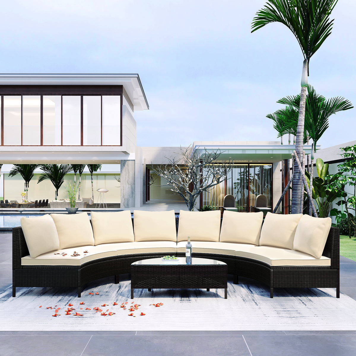 Brown Wicker 5-Piece Outdoor Sofa Set with Cushions