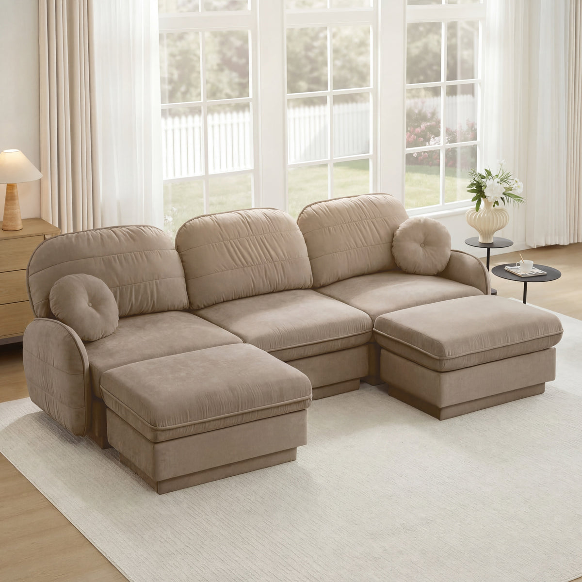 Brown Chenille Sectional Couch with 2 Ottomans, 105 in Wide