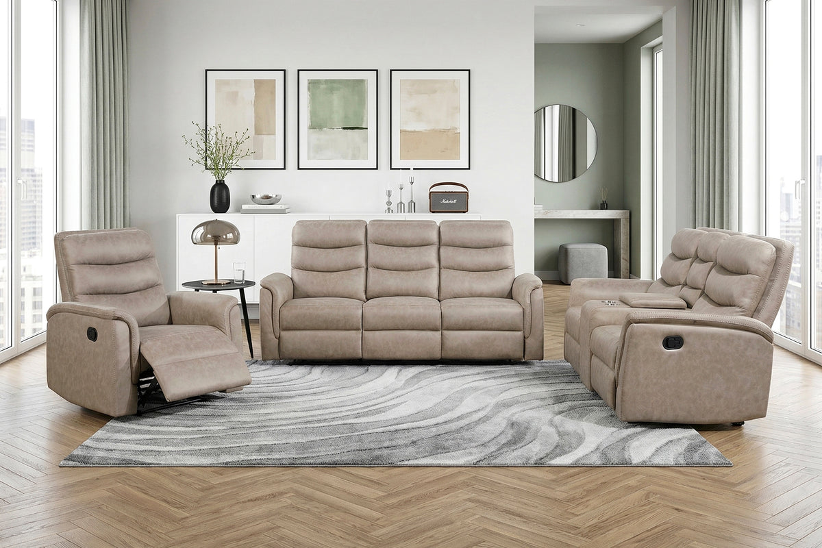 Taupe Microfiber Reclining 3-Piece Living Room Set with Console