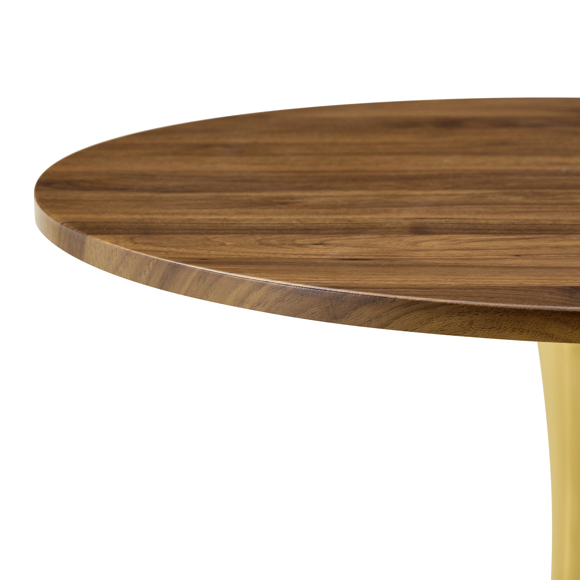 Angled close-up of the walnut tabletop corner and edge on a plain white background