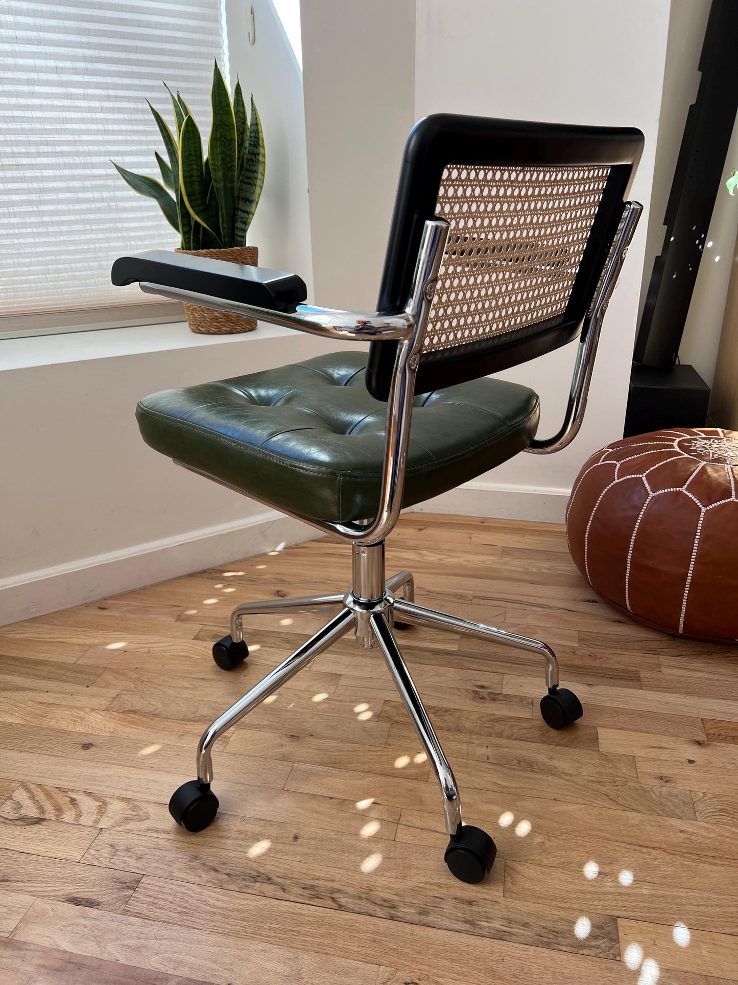 Mid Century Modern Desk & Office Chair – Handwoven Rattan & Vegan Leather