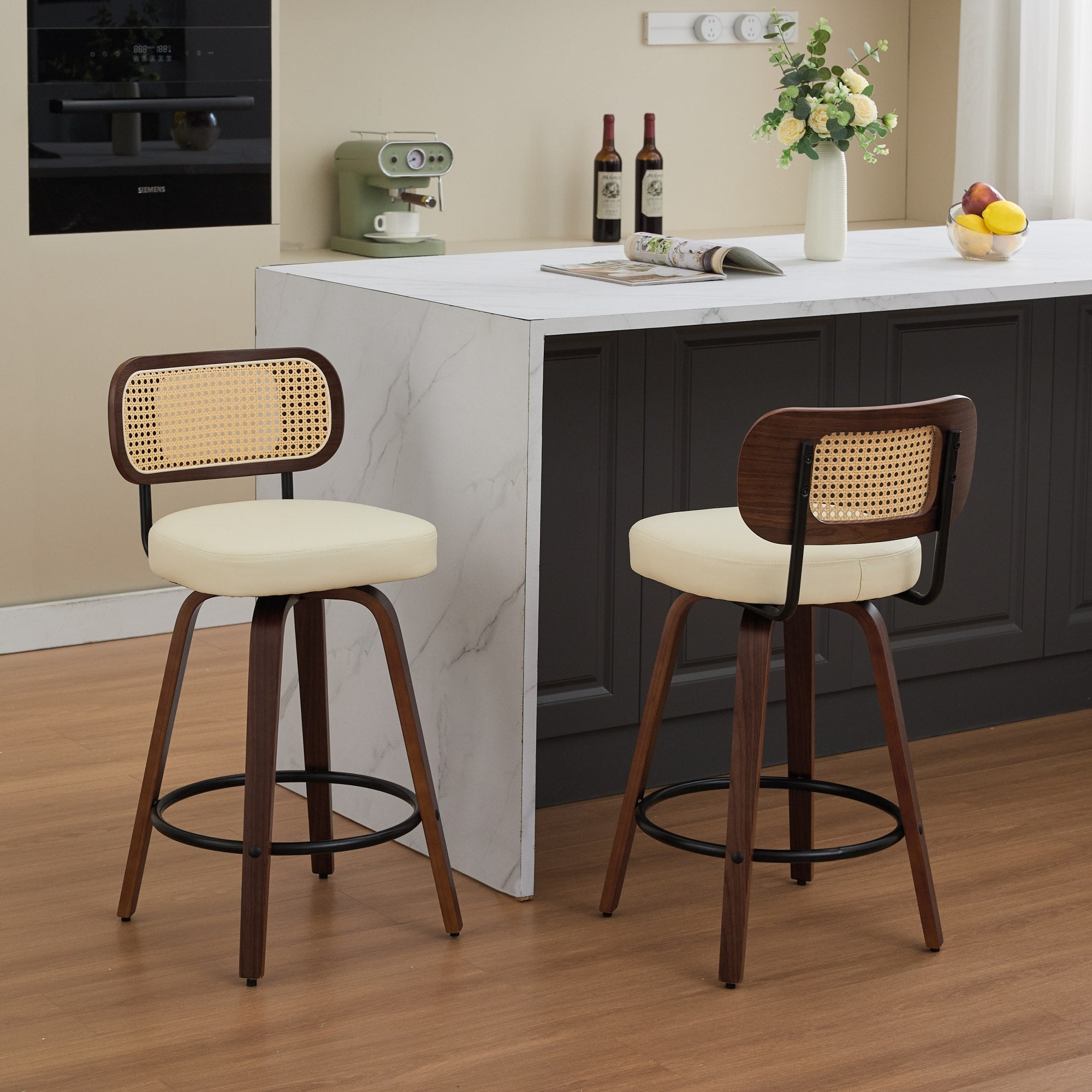 Counter Stools Set of 2, Cane Back, Swivel, Walnut, Beige