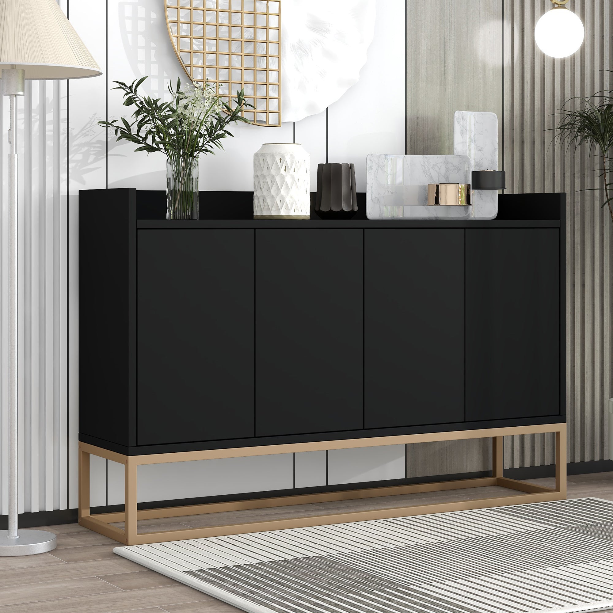 Modern Black Sideboard Buffet, 47'' 4-Door Push-Open Cabinet
