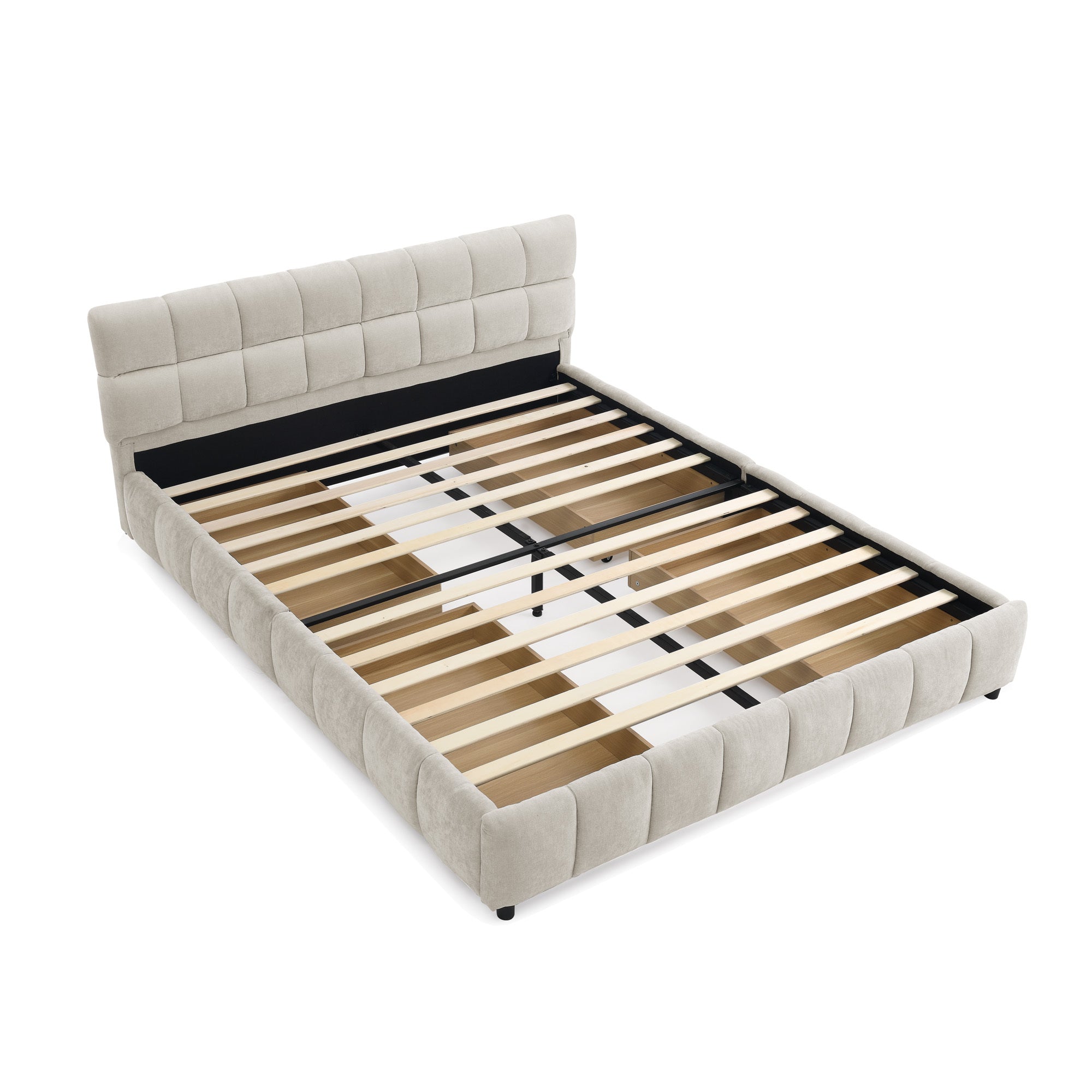 Angled bare beige chenille queen platform bed showing tufted headboard, channel rails and slats