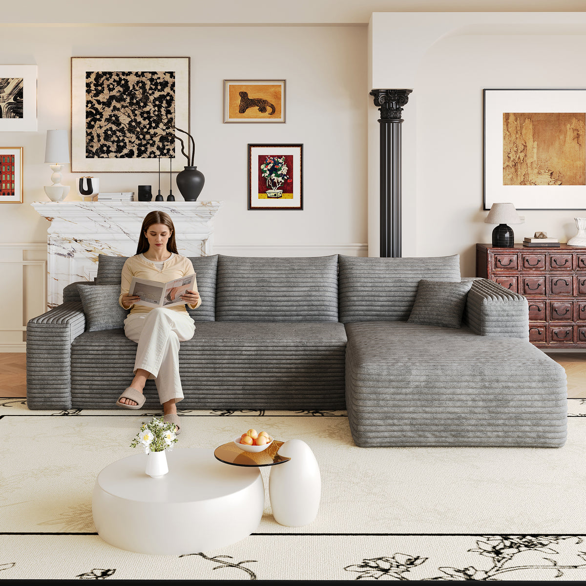 Dark Gray Corduroy L-Shaped Sectional, 103.2 in Wide, Right-Facing