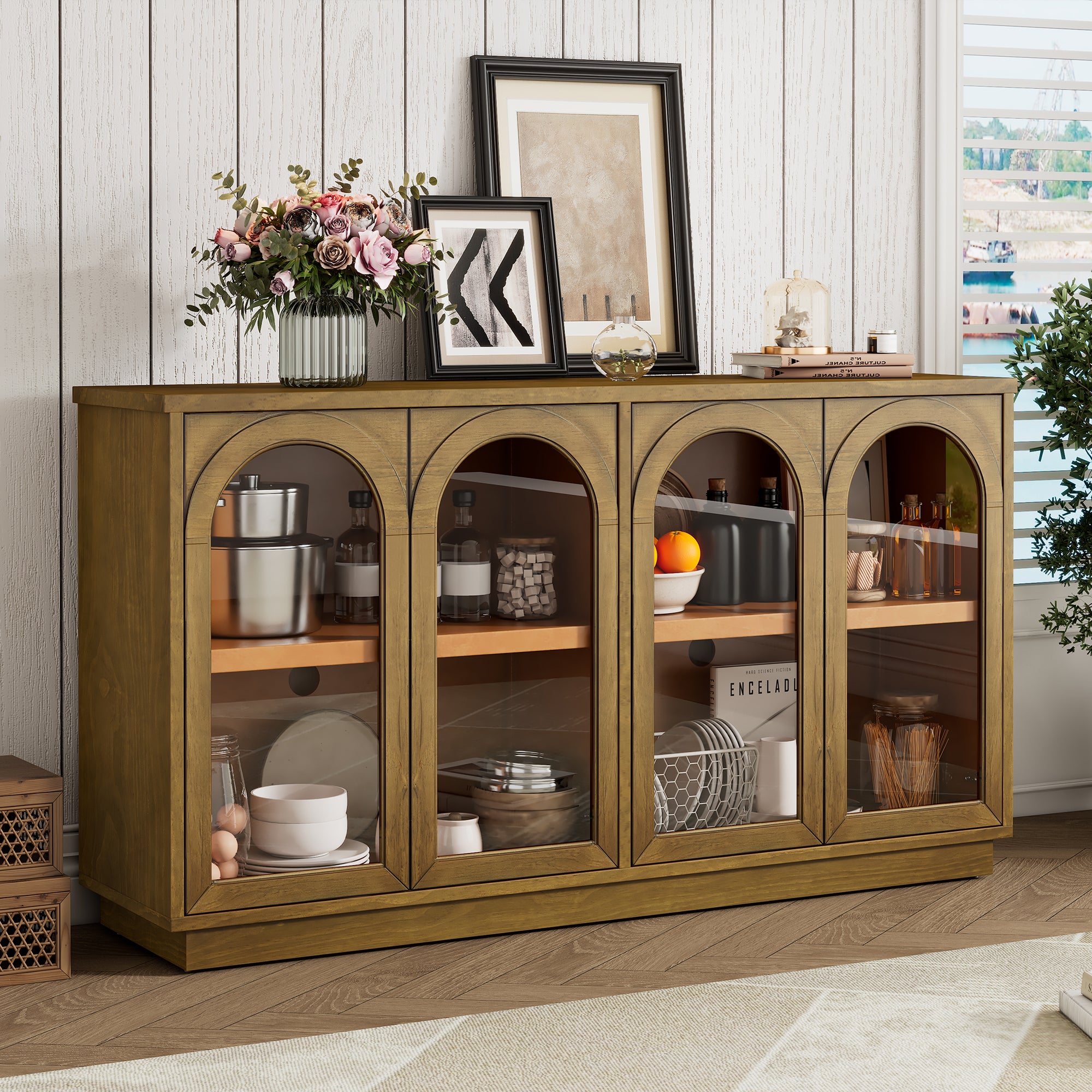 Arched Glass Buffet Cabinet, 57 in Old Pine, Push-to-Open 4-Door