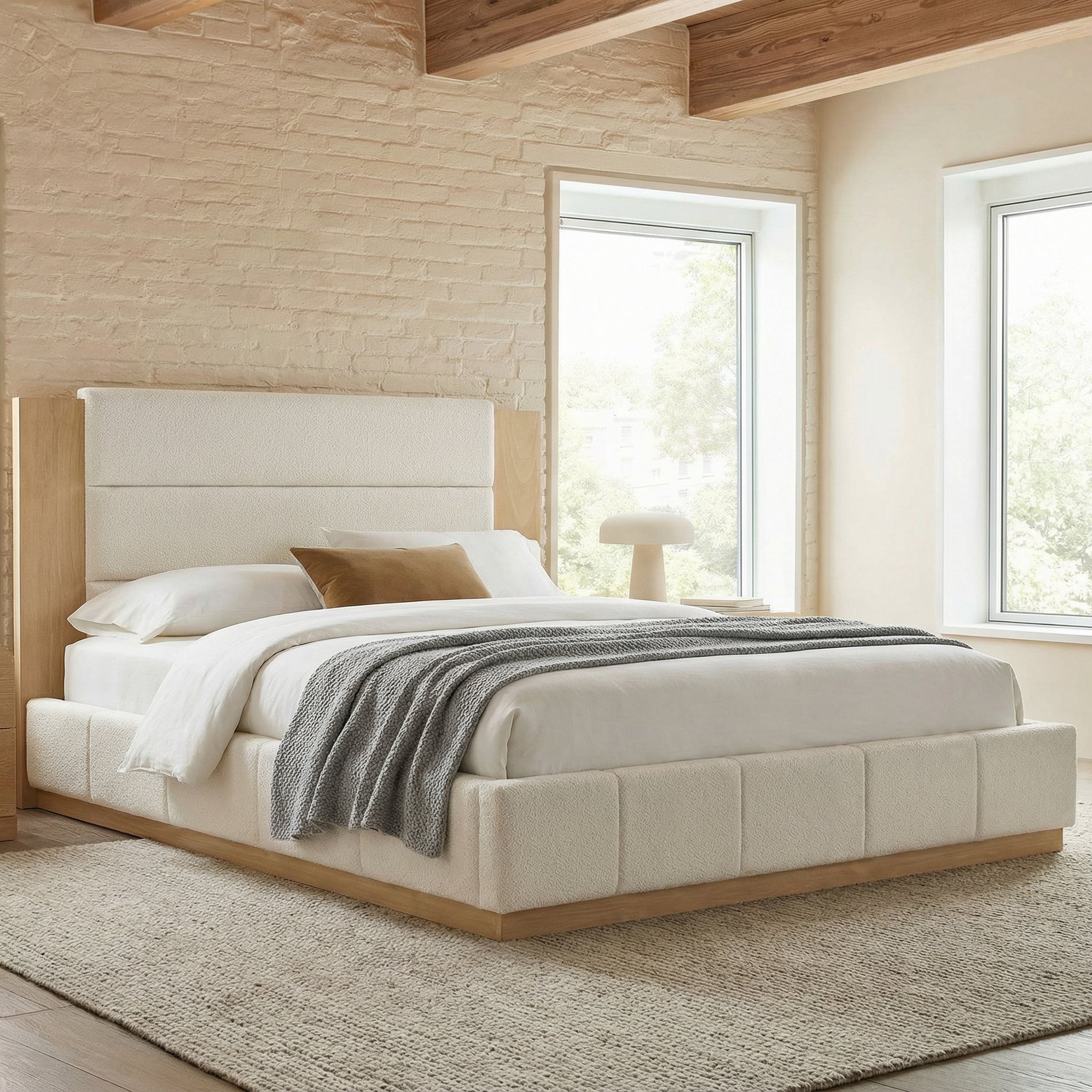 King bed with white boucle headboard and wood frame in bright bedroom